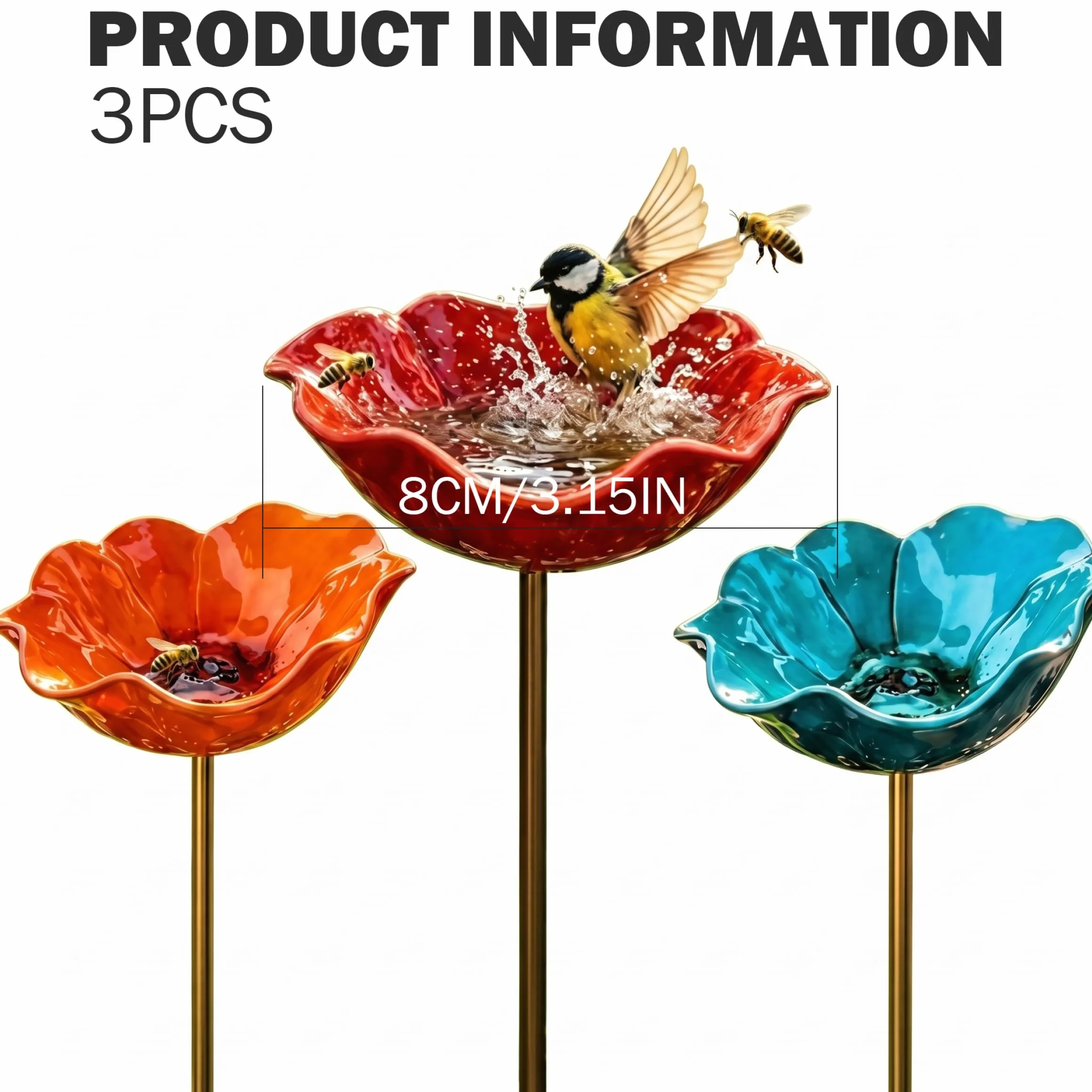 Lot de 3 piquets de Jardin en métal pour Fleurs, Bain d'oiseaux, Multifonctions Extérieur, Bleu, Orange, Rouge