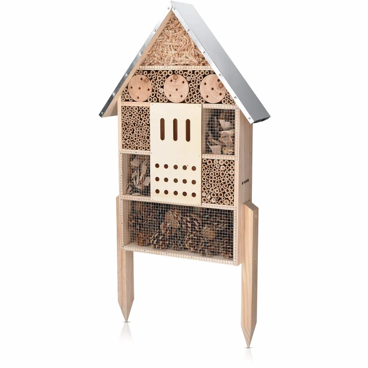 Navaris Hôtel à Insecte Bois Cabane Abri XL 38 x 11,5 x 57 cm avec 2 Piquets Nid Nichoir pour Abeilles Papillons