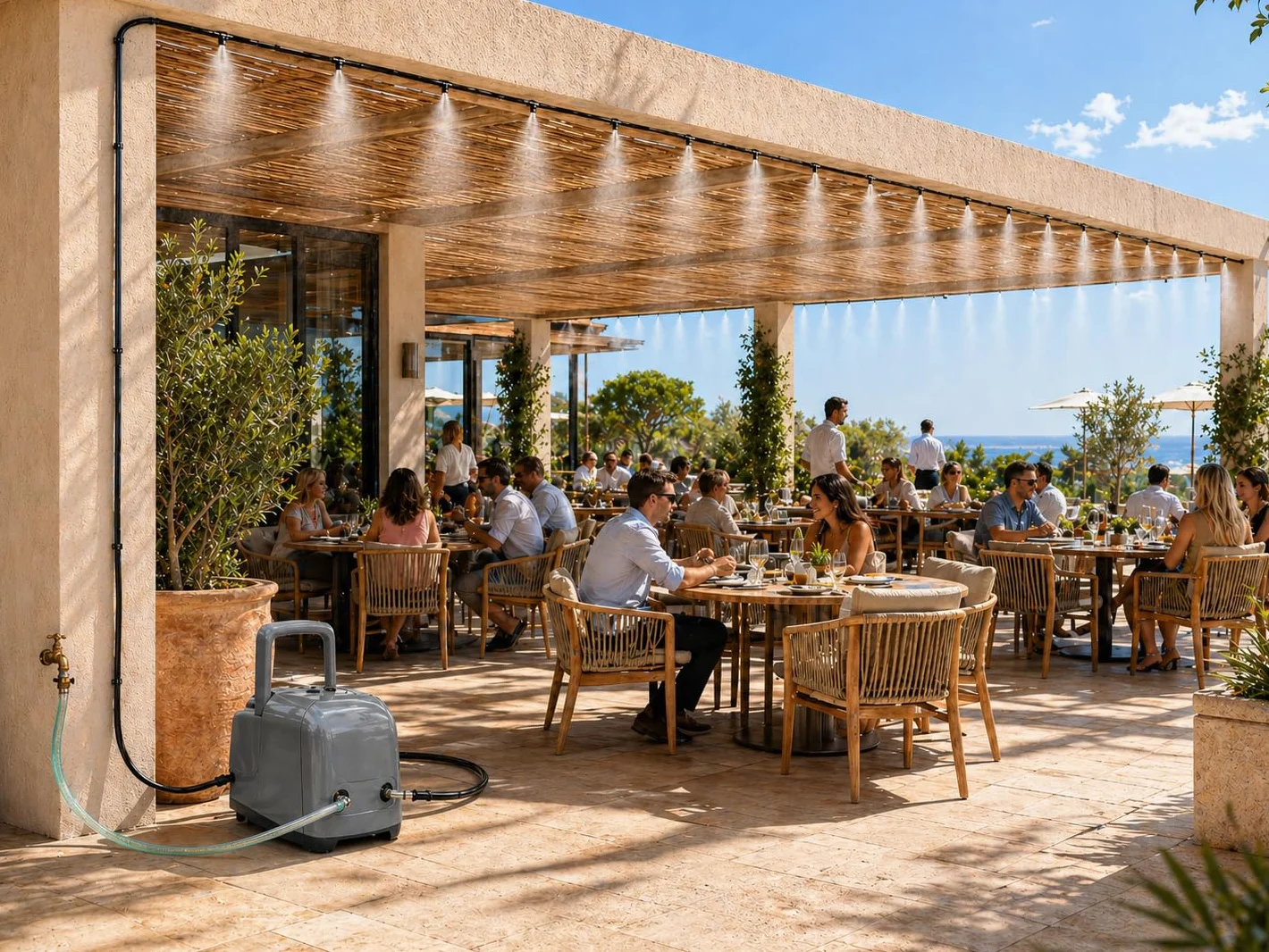O'FRESH Brumisateur Terrasse Extérieur Haute Pression 50 Buses Inox - Système Brumisation Pompe 60 Bars 130 m²