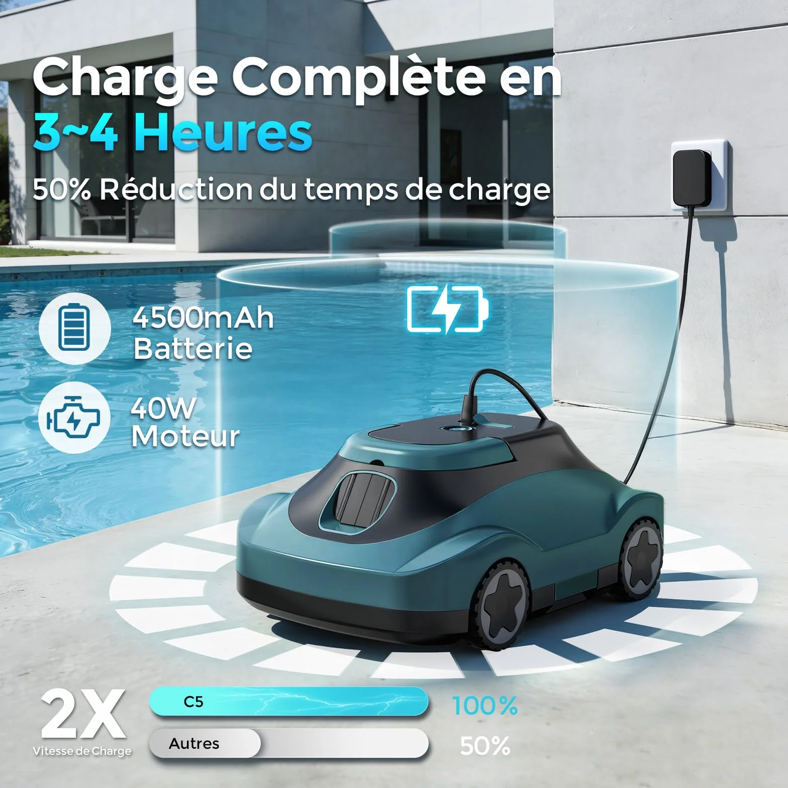 Robot Piscine sans Fil 180 Min Autonomie Aspiration Puissante Navigation Intelligente Filtration Ultra-Fine Auto-Parking pour Piscines Hors Sol 200m²