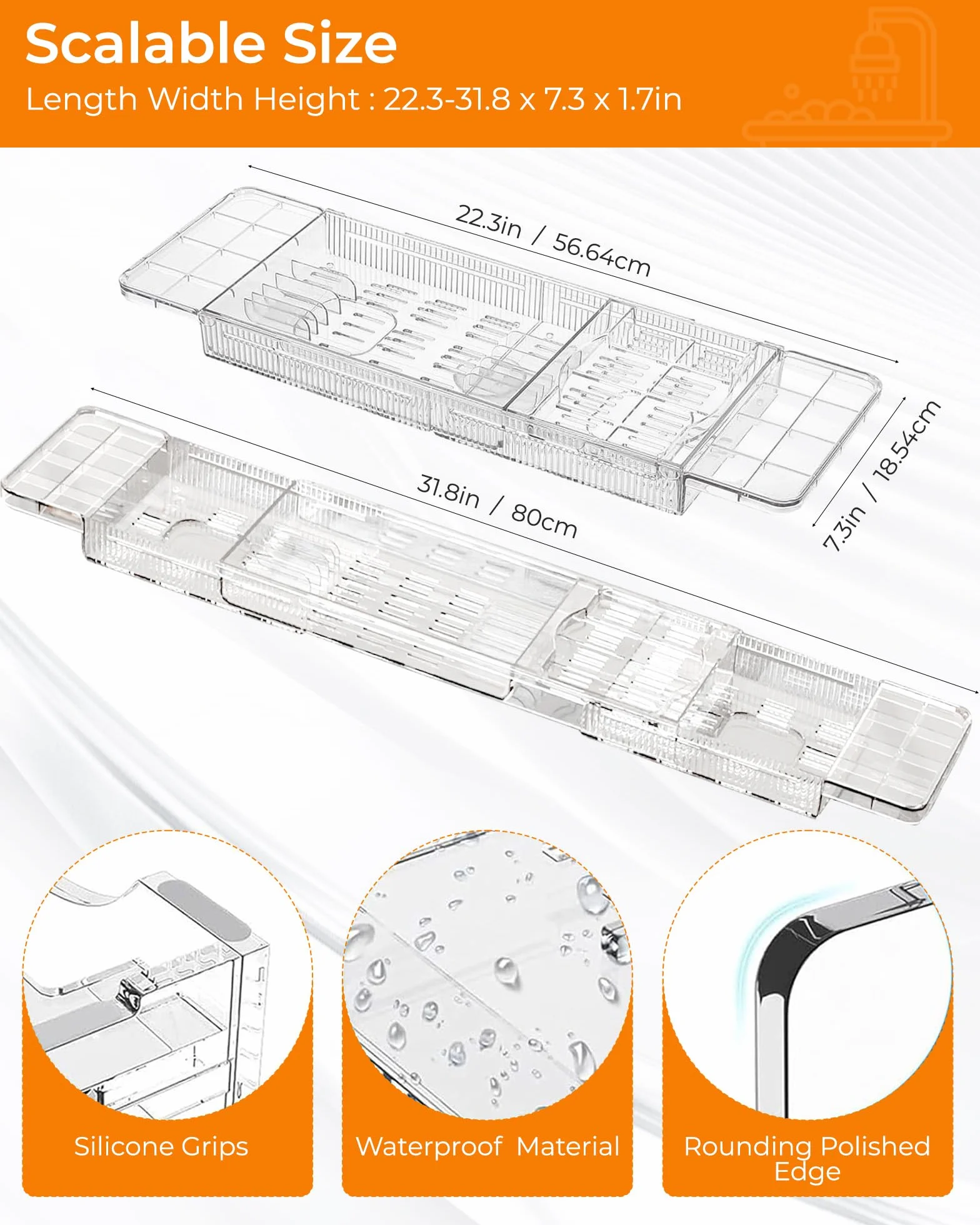 Plateau Baignoire Extensible en Acrylique pour Ipad, Téléphone, Verre, Bougie, Accessoires de Bain Transparent