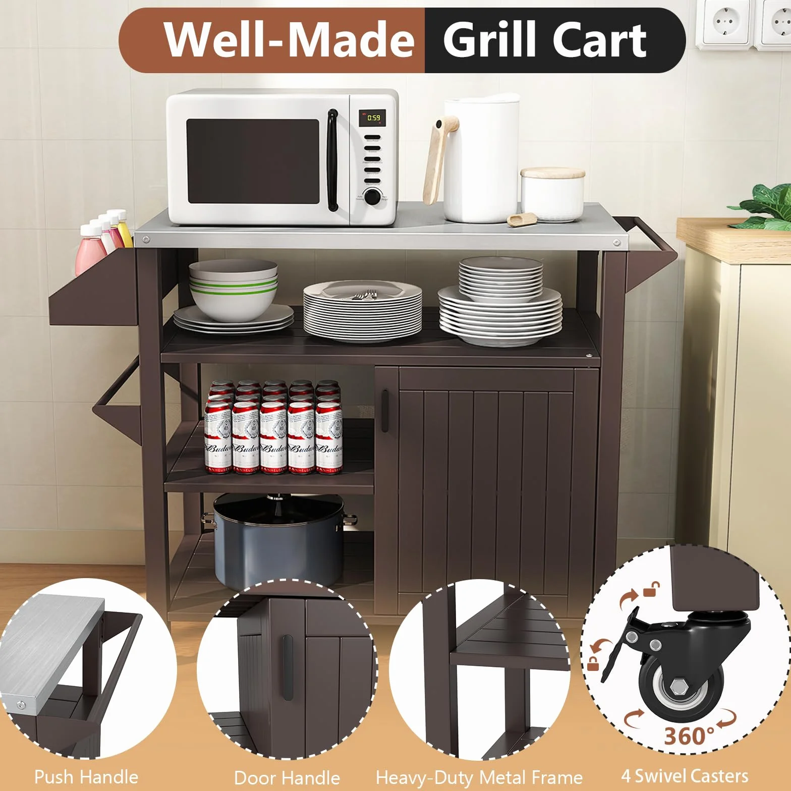 KOMFOTTEU Chariot Barbecue Acier Inoxydable avec Armoire Porte 3 Étagères Ouvertes 117 x 50 x 87 cm