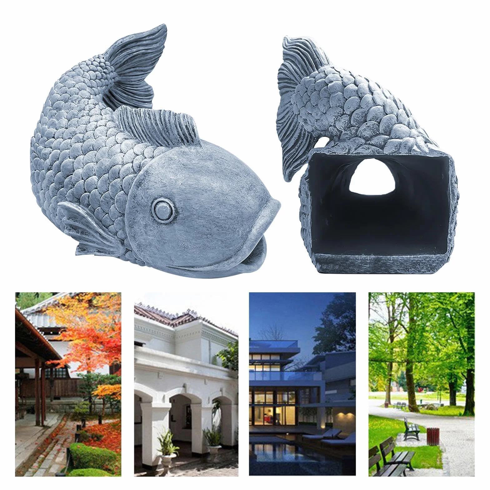 Générique Gargouille De Gouttière Poisson Résine 21x14cm Sculpture Décorative De Jardin Déviateur d'eau
