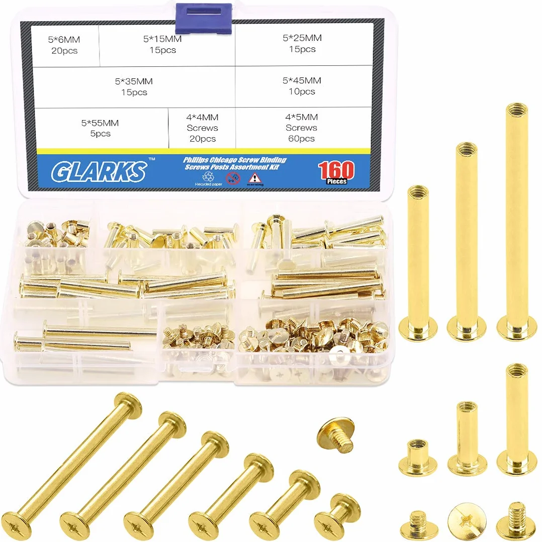 Glarks Assortiment de 80 vis Chicago M5 en Laiton plaqué pour Reliure de Livres