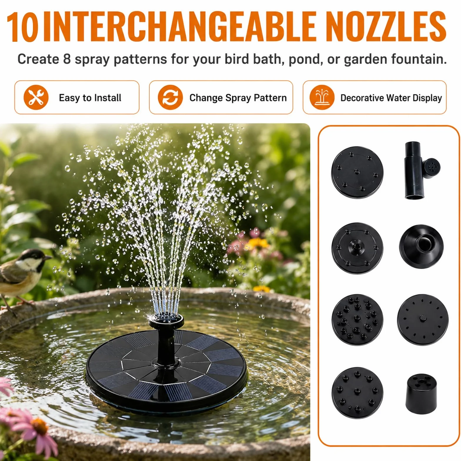 Lot de 2 fontaines solaires 16 cm 8 types pulvérisation pompe flottante pour jardin bain d'oiseaux étang