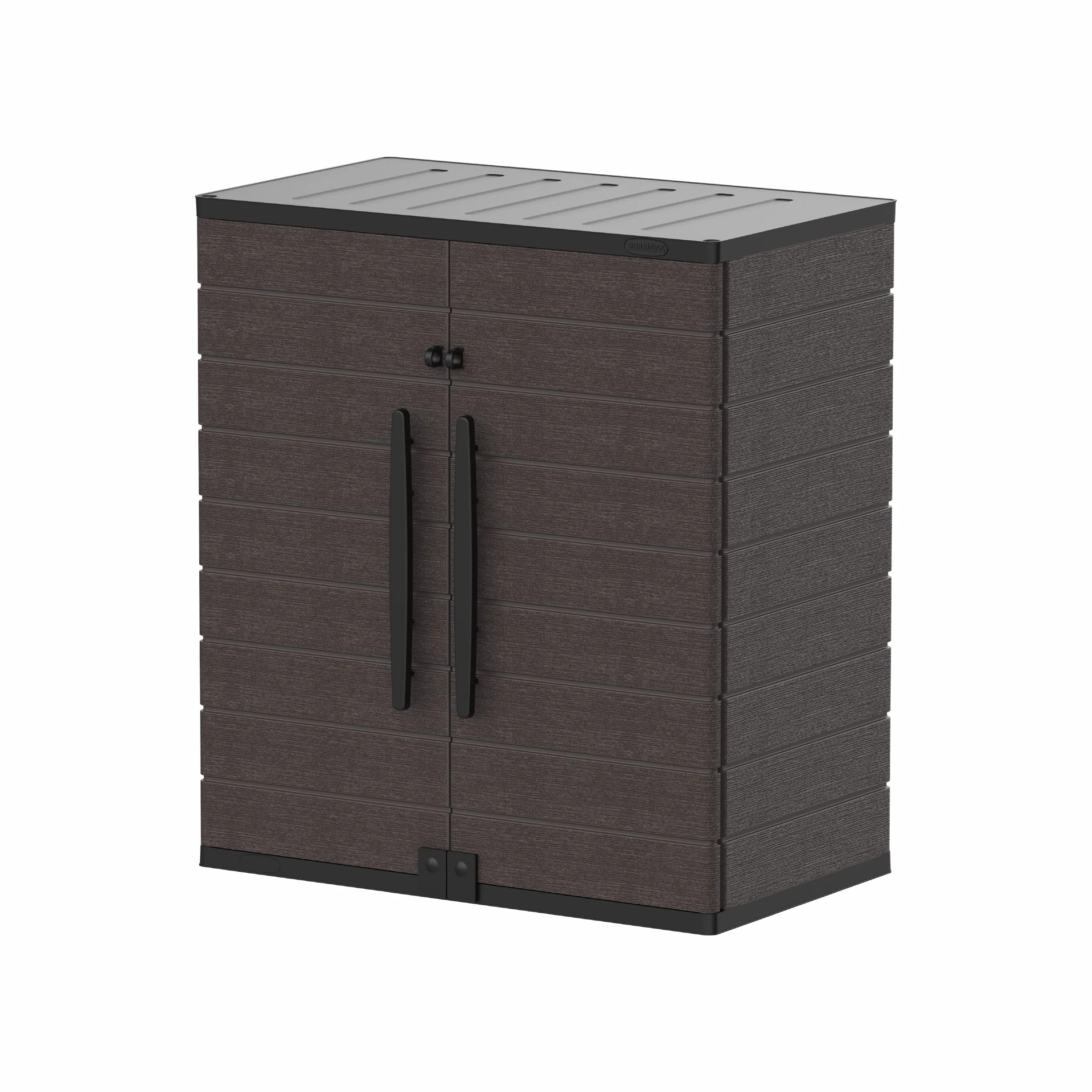 Duramax Cedargrain Short Plastic Vertical Storage Cabinet 2 Door with Shelves Outdoor Lockable Water Resistant Brown