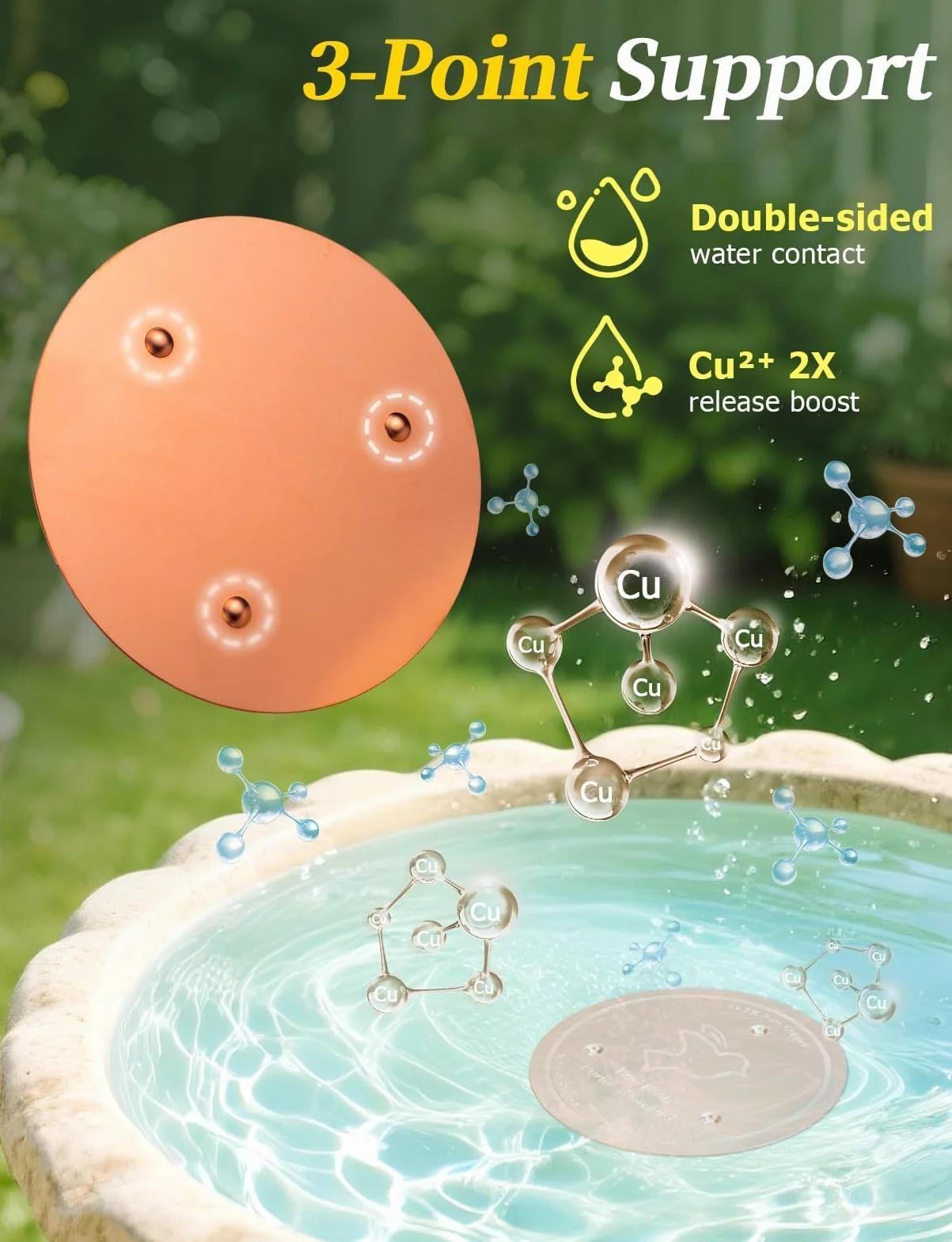 Lot de 3 disques en cuivre pur 99,99 % renforcé 0,6 mm pour bain d'oiseaux avec support à trois points