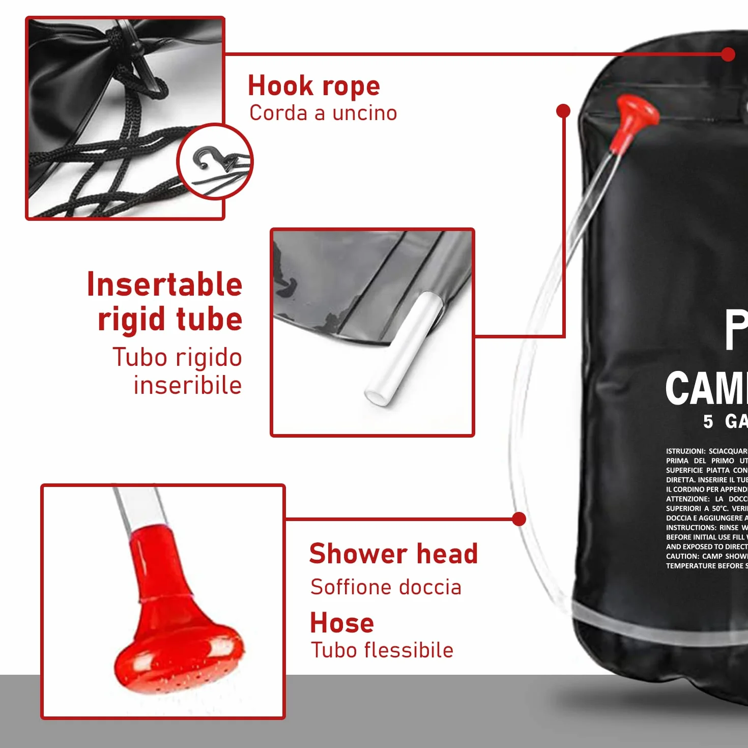 Douche Solaire Portable 20L – Sac de Douche Camping Chauffant avec Flexible et Pommeau Amovible – Chauffe Eau Solaire Extérieur 45°C – Douche de Camping pour Randonnée, Plage, Piscine & Van