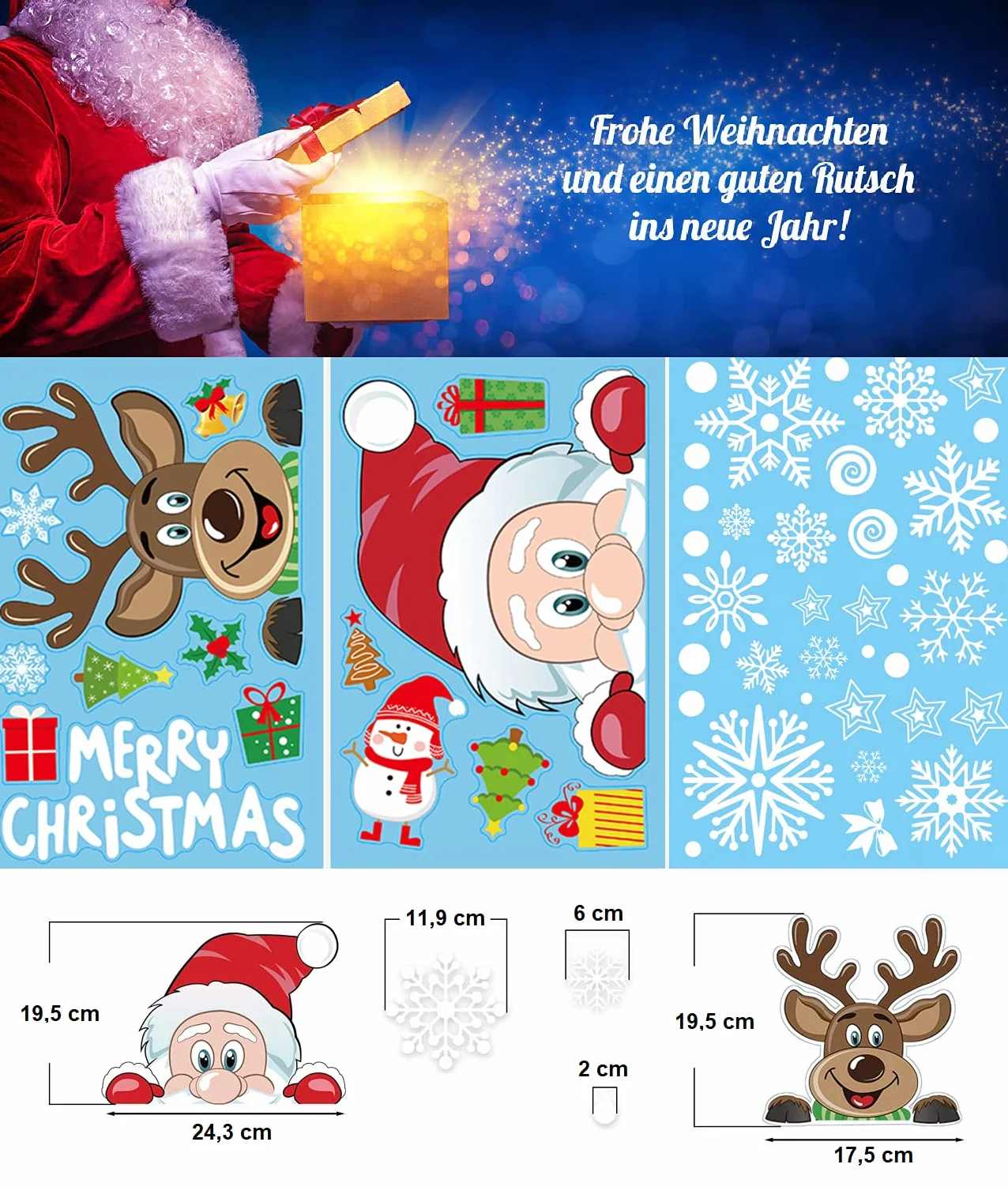 Autocollant fenêtre Noël enfant PÈRE NOËL et RENNE réutilisables électrostatique décoration vitres hiver