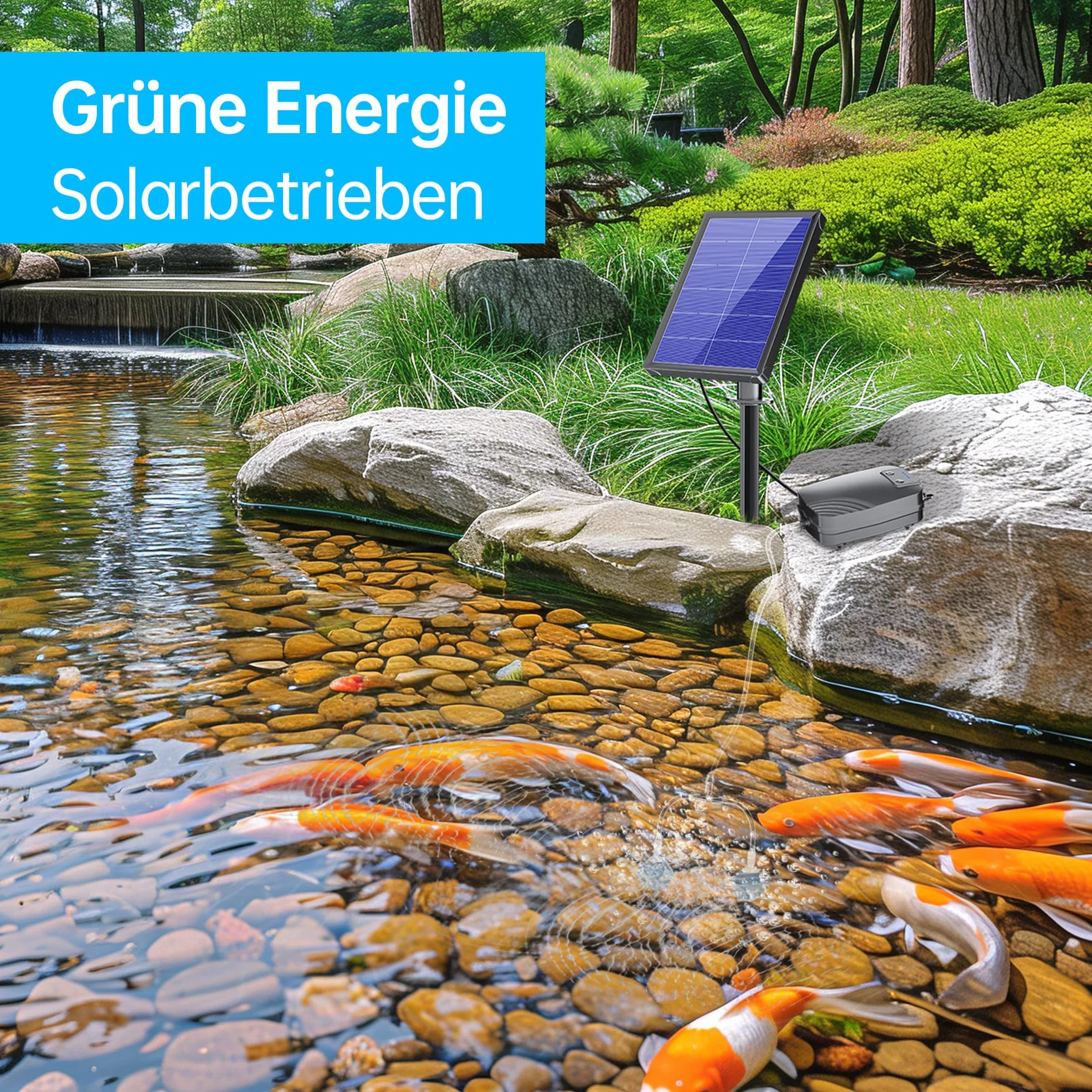 Biling Aérateur de bassin Pompe à oxygène solaire 4 W avec batterie 3 modes 2 pierres à air