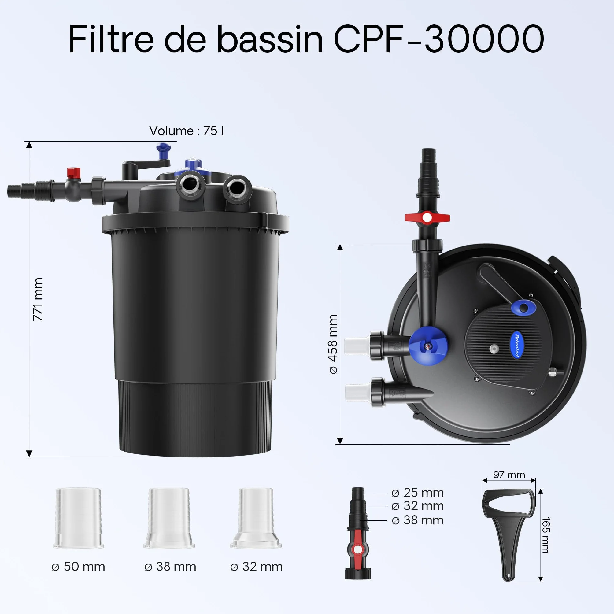 SunSun Kit complet CPF-30000 Filtre de bassin à pression 12000 L 55W lampe UV NEO12000 SuperECO pompe 12000l/h 100W 10m Tuyau 38 mm (1 1/2") collier de serrage W1 44-47mm