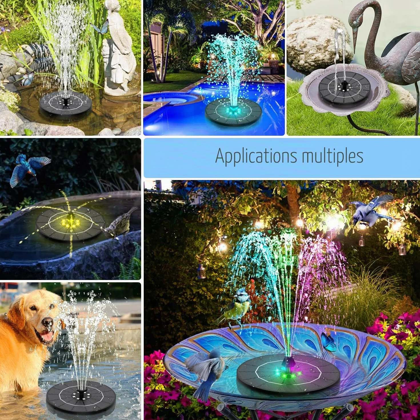 Fontaine Solaire Exterieure de Jardin 3.5W LEDs Colorées 2200mAh Batterie Pompe Solaire Bassin 8 Buses pour Bain d'oiseaux