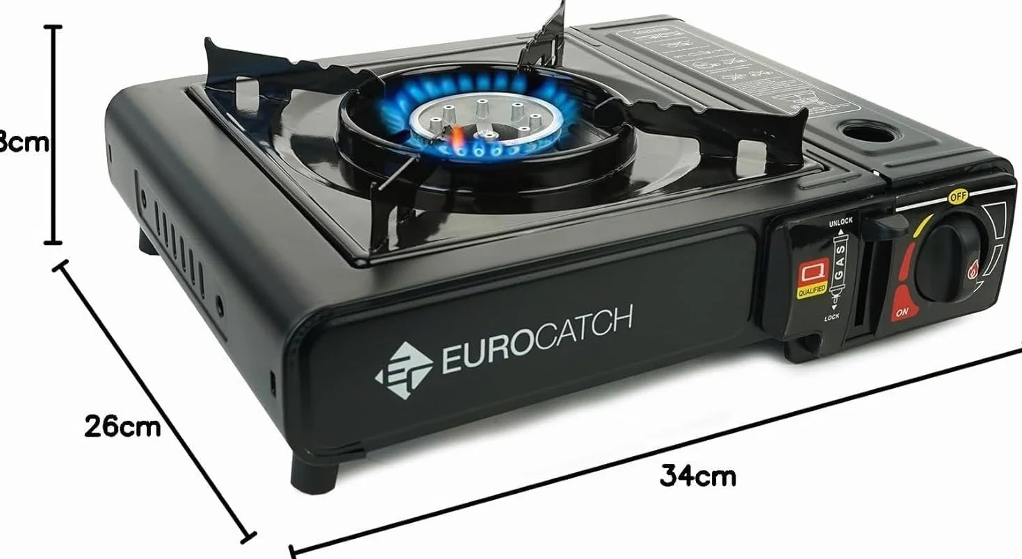 Réchaud à gaz - incl. 4 cartouches de gaz - Réchaud de camping - Brûleur à gaz - Cuisinière à gaz - Plaque de cuisson - Cuisinière - Mallette de transport - gris foncé.
