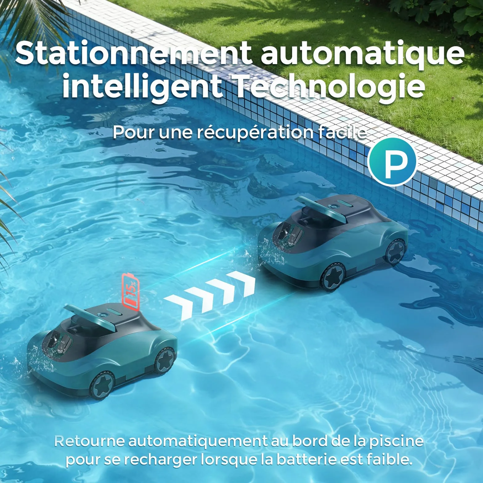 Robot Piscine sans Fil 180 Min Autonomie Aspiration Puissante Navigation Intelligente Filtration Ultra-Fine Auto-Parking pour Piscines Hors Sol 200m²