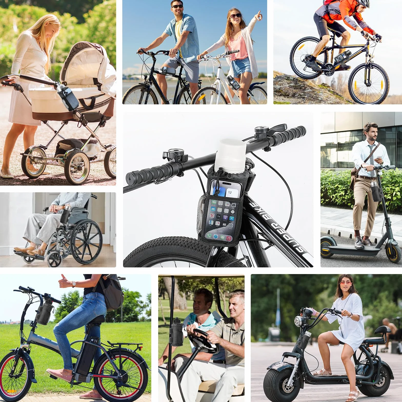 Porte Gourde Velo sans Vis en Tissu Oxford avec Poche en Filet, pour Vélos Poussettes Fauteuils Roulants