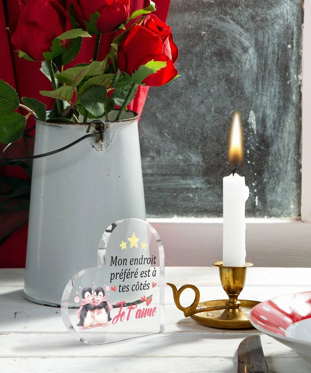 Panneau Acrylique Cœur Pingouins Je T’aime Décoration Cadeau Couple Saint-Valentin
