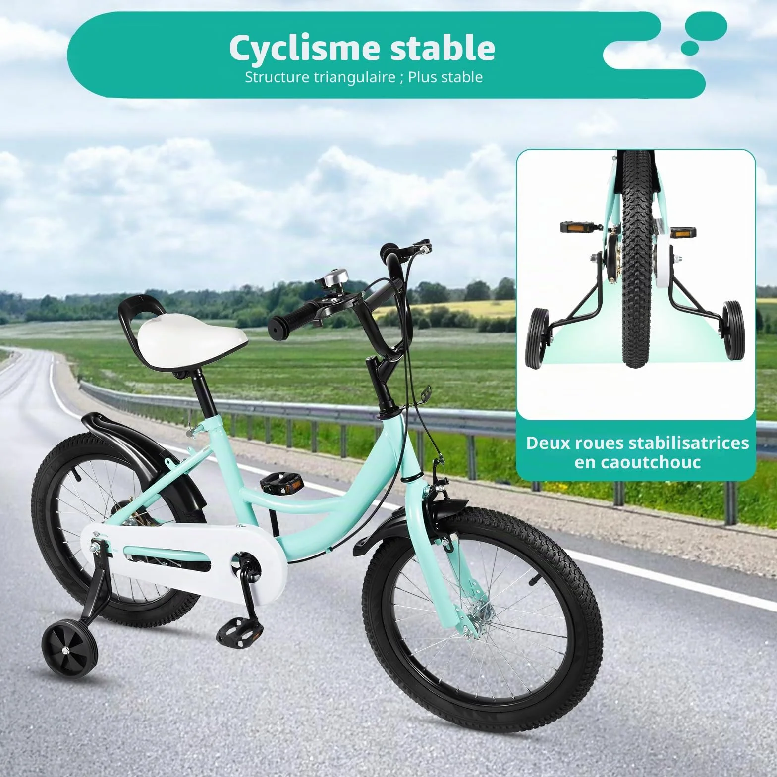 Vélo pour Enfant de 16 Pouces pour Fille Vert, vélo pour Enfants à partir de 5 à 8 Ans (100-135 cm), Cadre en Acier au Carbone, Selle et Guidon réglables en Hauteur, Roues stabilisatrices