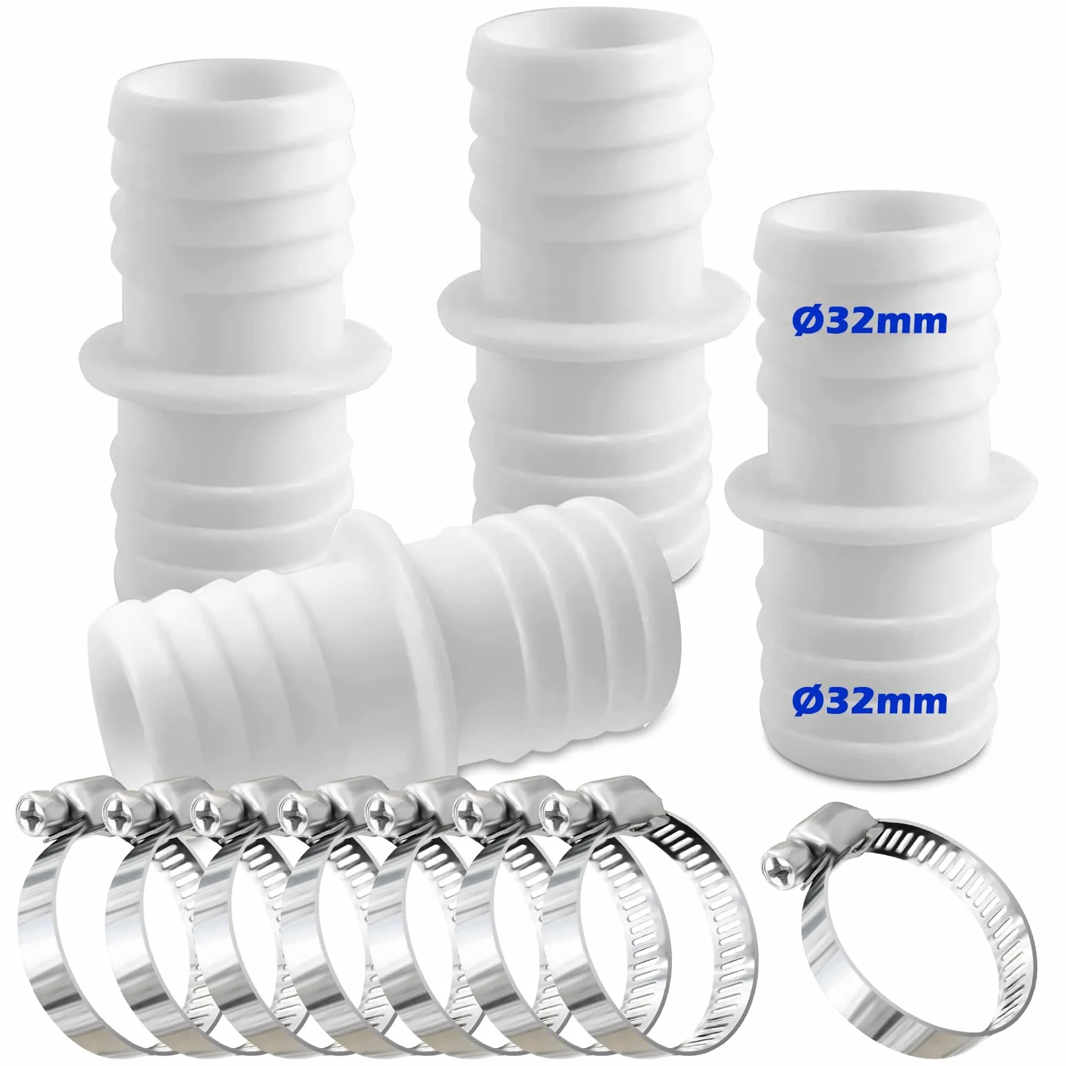 Raccords de tuyau 32 mm Lot de 4 avec 8 colliers de serrage Adaptateur double pour piscine