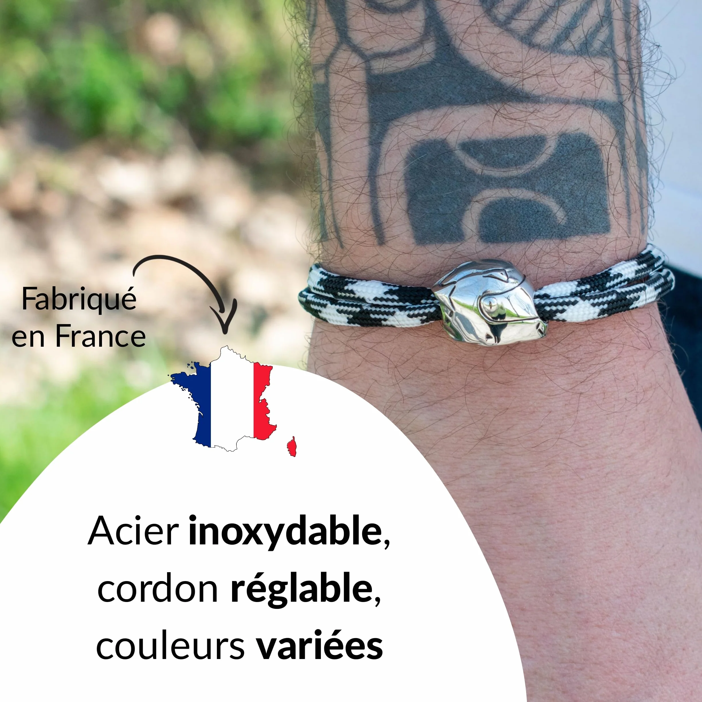 Ernestine - Homme bracelet moto réglable cordon acier inoxydable - bijou casque motard homme, femme, idée cadeau biker - accessoire pour motard - poignet bijoux design casque de moto