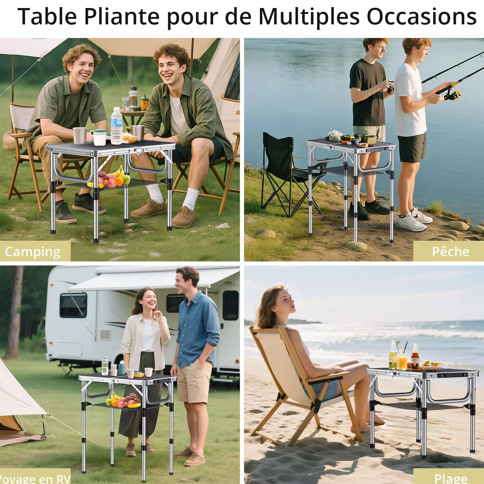 Anbte Table de Camping Pliante avec Rangement Net 3 Hauteurs Aluminium MDF Noir
