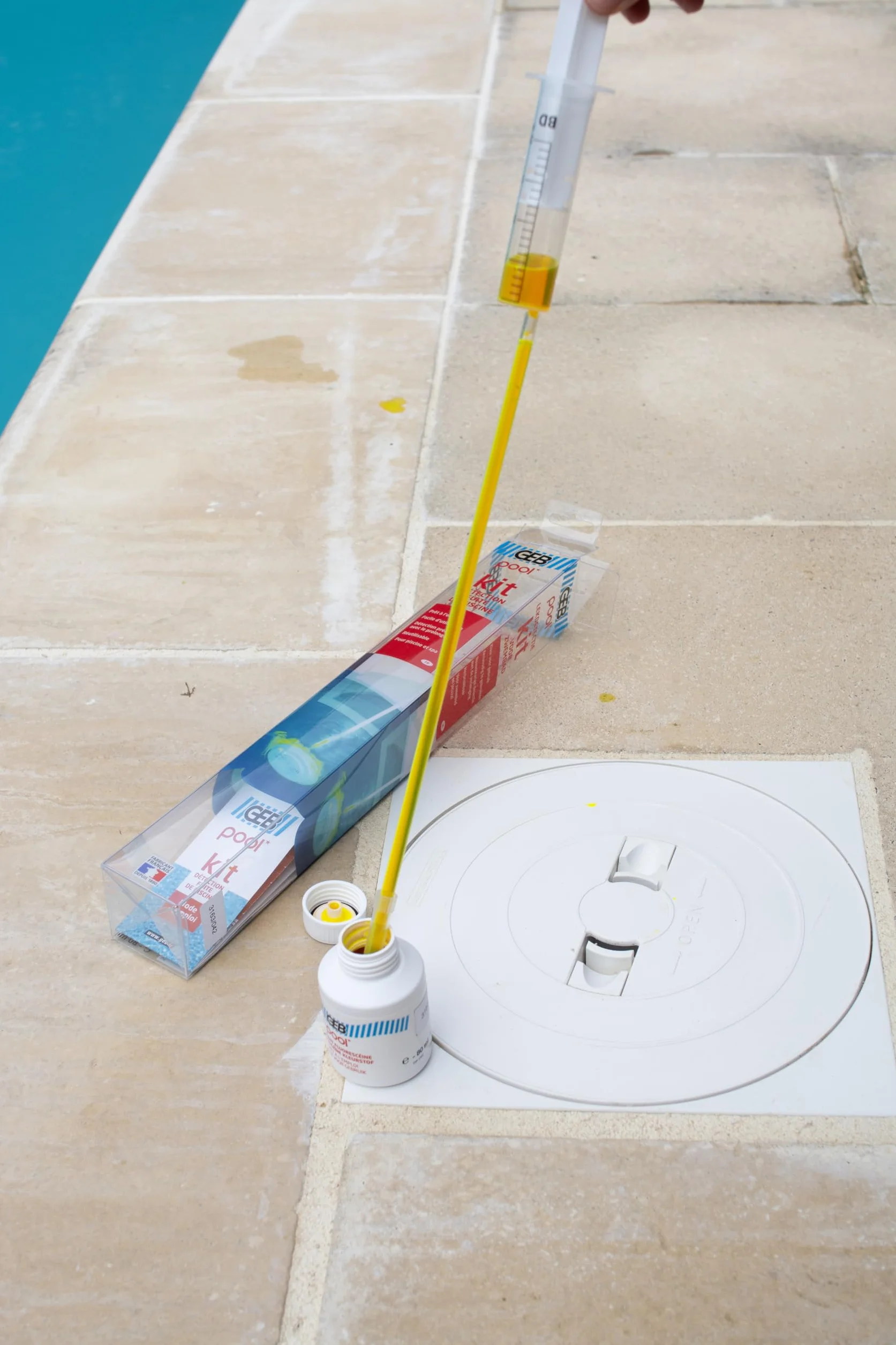 Kit de détection des fuites Piscine Spa GEB, réutilisable jusqu'à 26 Tests, Jaune
