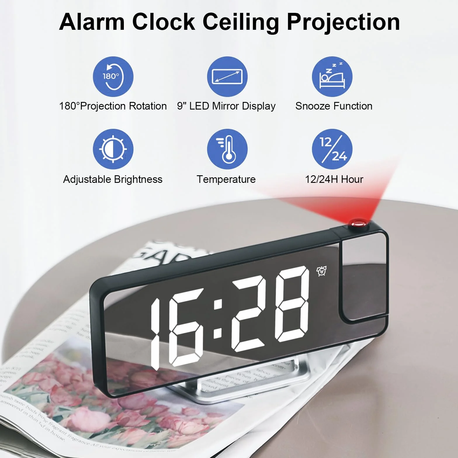 Cuteefun Réveil Projecteur Plafond LED avec Affichage Température Snooze 12H/24H