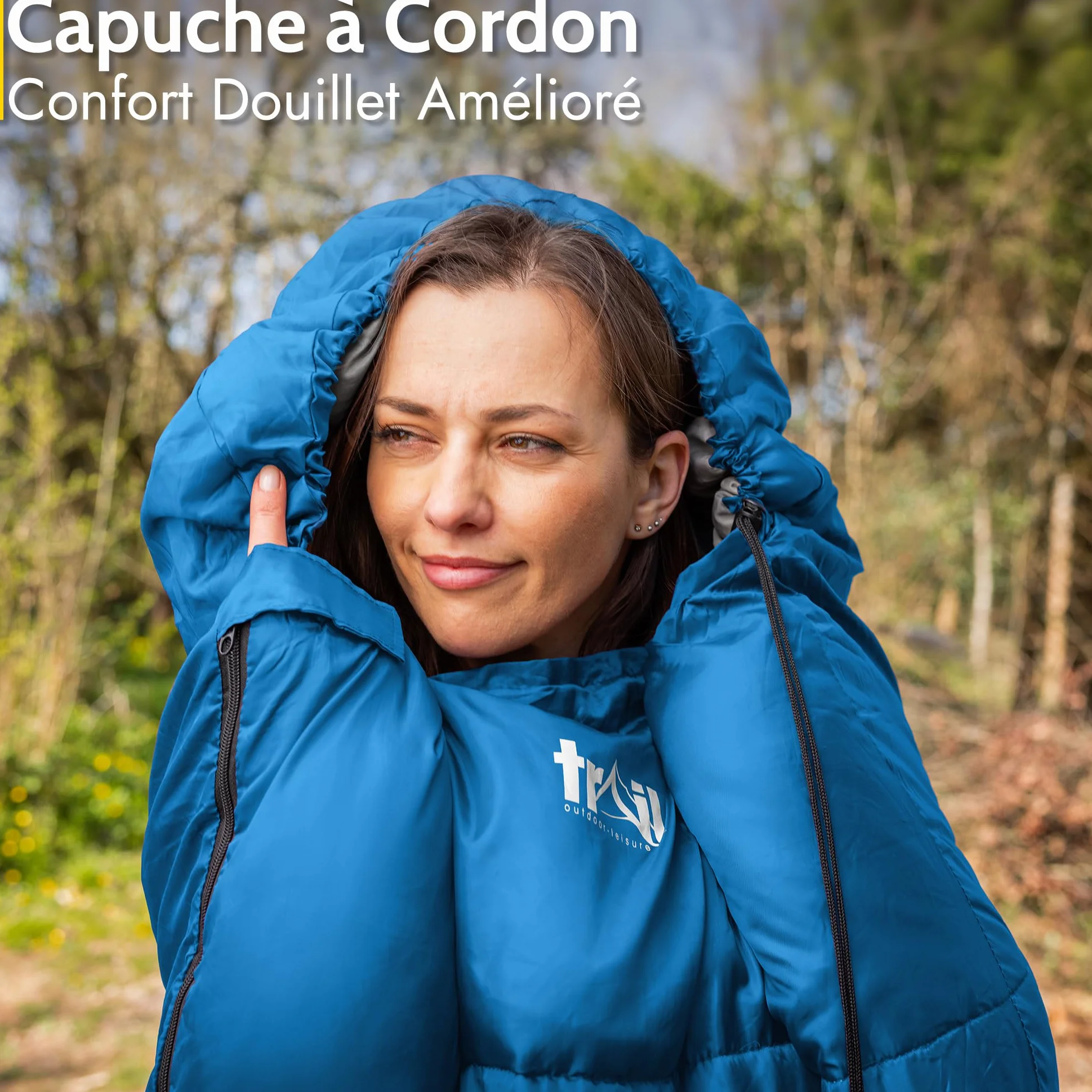 Trail Sac de Couchage Adulte Momie, Duvet 1 Personne pour 3 Saisons, Sac de Couchage Compact de 300 GSM pour Camping avec Poches et Sac de Compression