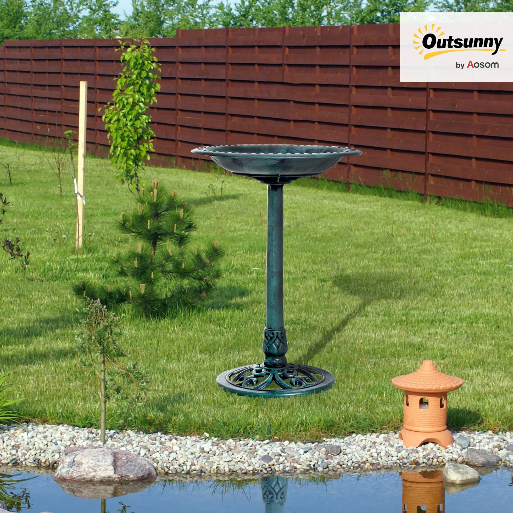 Outsunny Bain d'oiseaux Plateau 50cm, Abreuvoir Oiseaux extérieur Pied 69,5cm, Mangeoire Design Coquille Fleur-de-lys