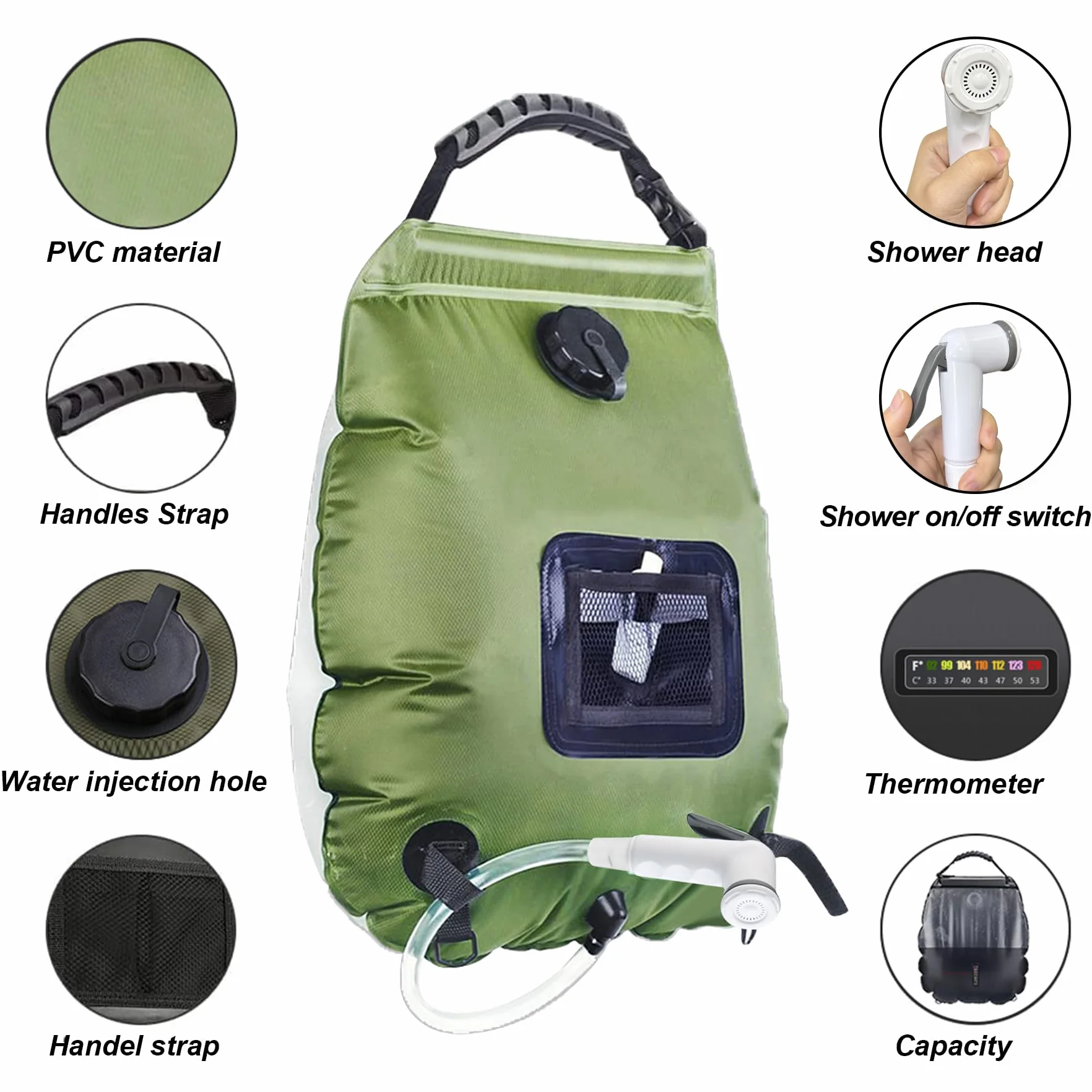 Sac de Douche Solaire Camping,20L Douche de Voyage avec Pomme de Douche,Solaire Sac de Douche,Pliant Extérieur pour Douche,Température 45 °C avec Commutable Tête de Douche,pour Randonnée Escalade