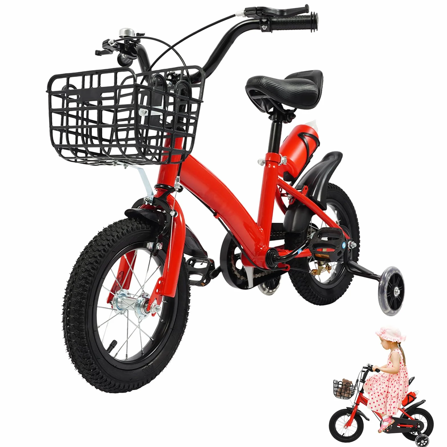 Vélo pour enfant 12" avec roues stabilisatrices, panier et bouteille d'eau