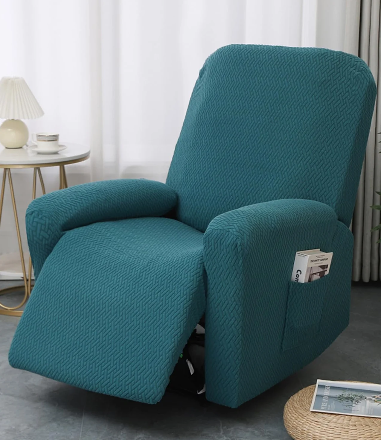 Housse de Fauteuil Relax Inclinable Électrique, Jacquard Vert Foncé, Élastique Extensible 4 Pièces