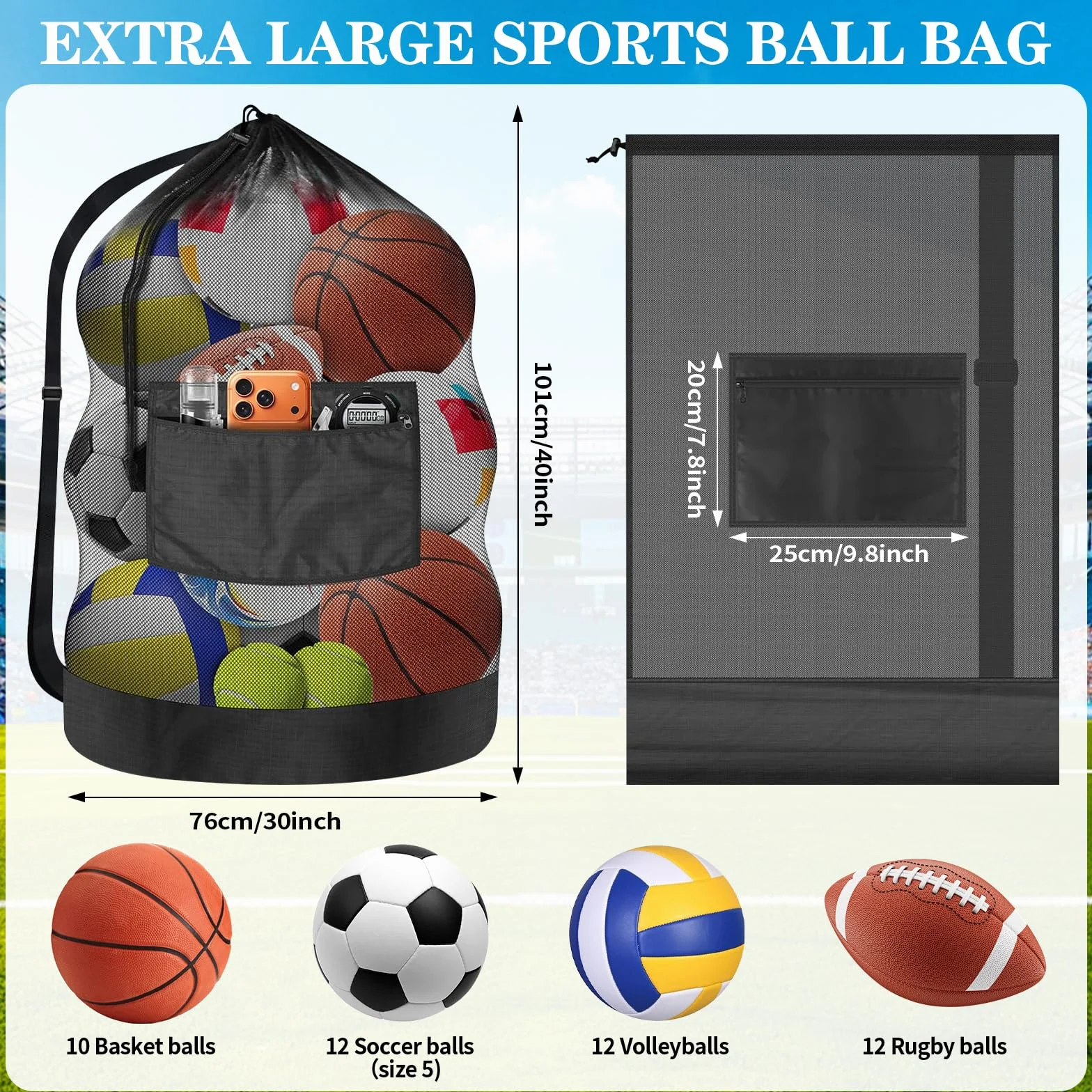 Sac de Ballon en Filet, Sac de Rangement pour Ballons, Sac à Ballons en Maille, Extra Large, avec Cordon de Serrage et Bandoulière, pour Basketball, Rugby, Football et Volleyball