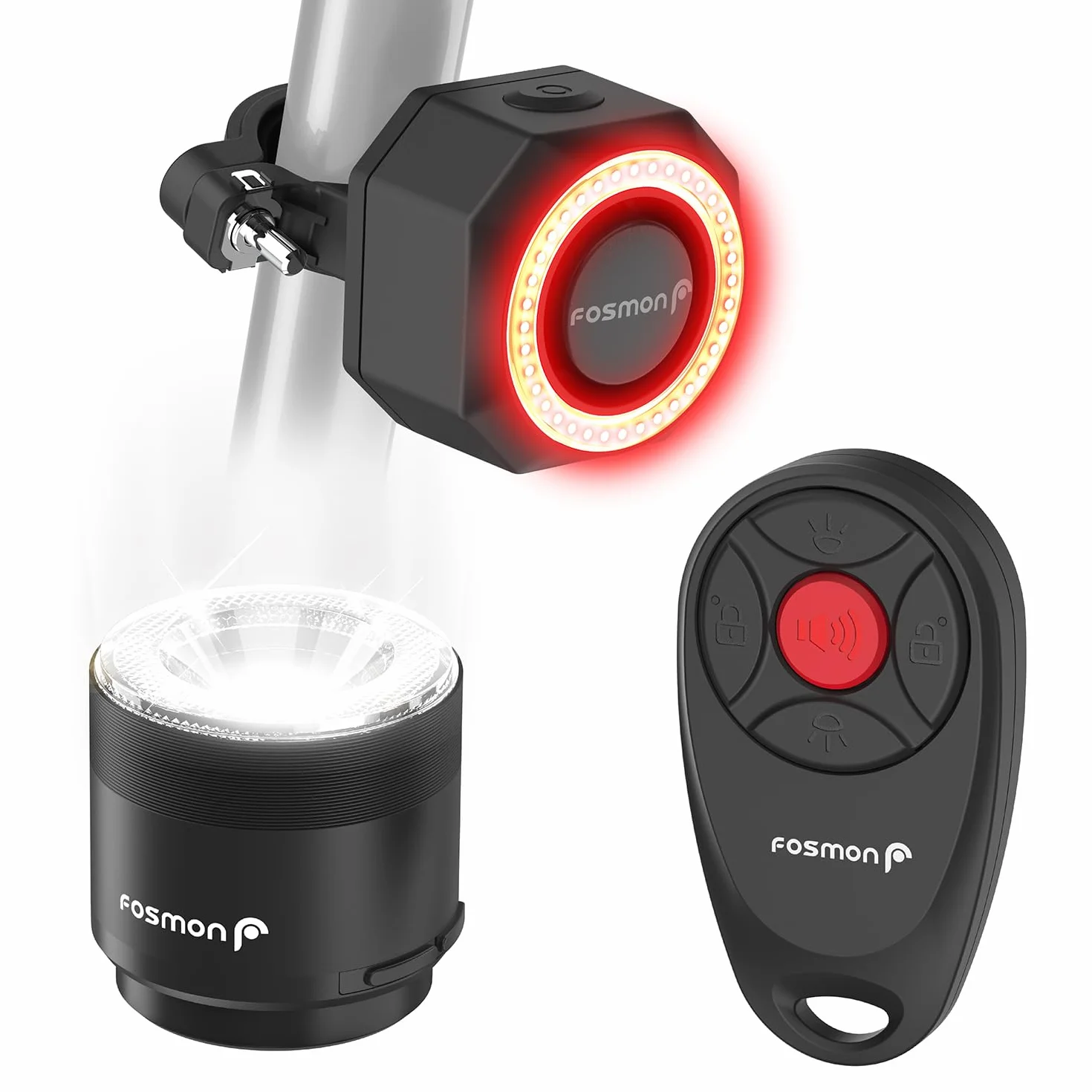 Fosmon – Alarme et Lumière Avant et Arrière pour Vélo et Trottinette avec Télécommande - Alarme Antivol 110 DB – Lampe Velo Avant et Arriere - pour Bicyclette Électrique, Moto, Trottinette Electrique