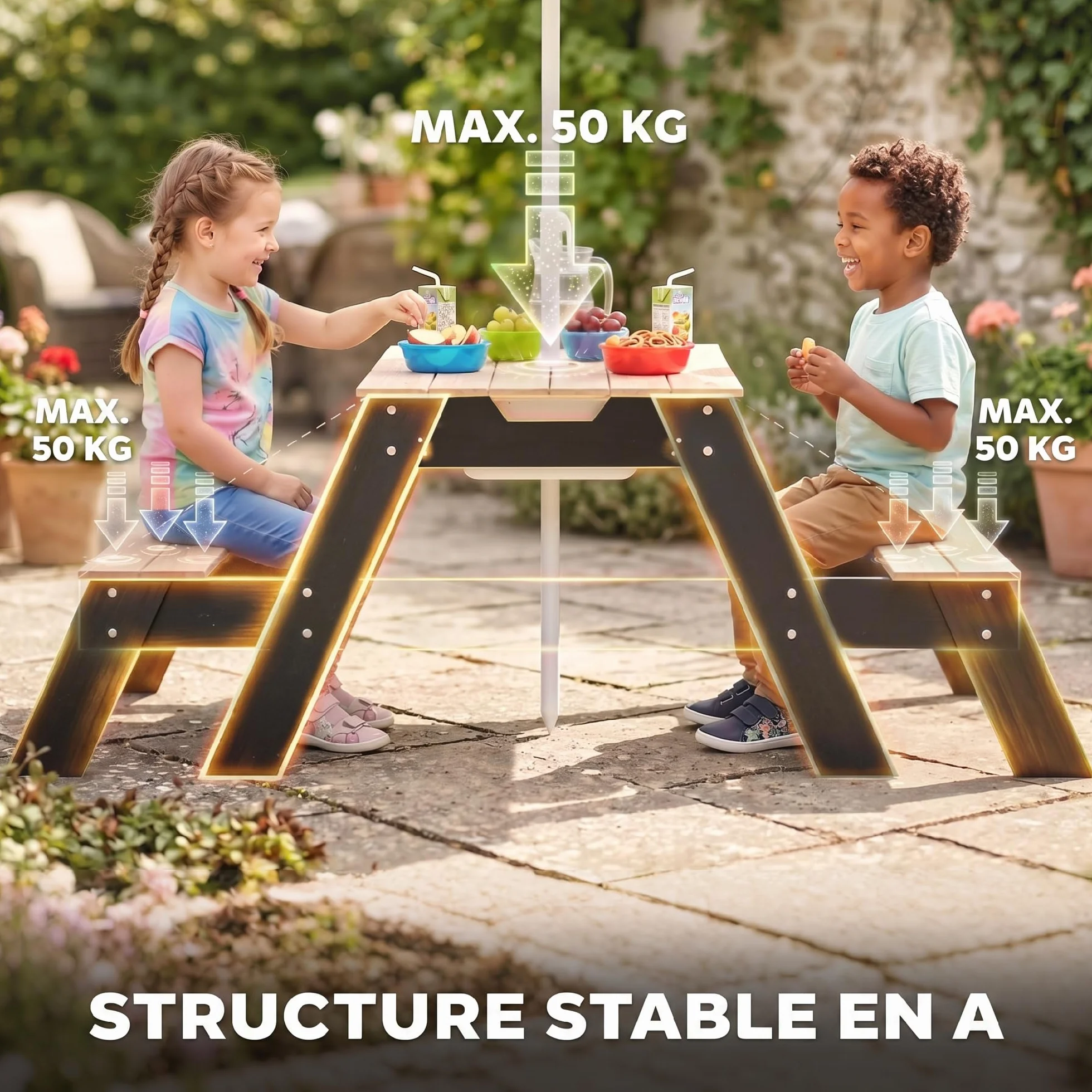 AIYAPLAY Table de Pique-Nique Enfants avec Parasol Amovible 3 en 1 Salon de Jardin en Bois pour Enfants 3-6 Ans Charge 50 kg