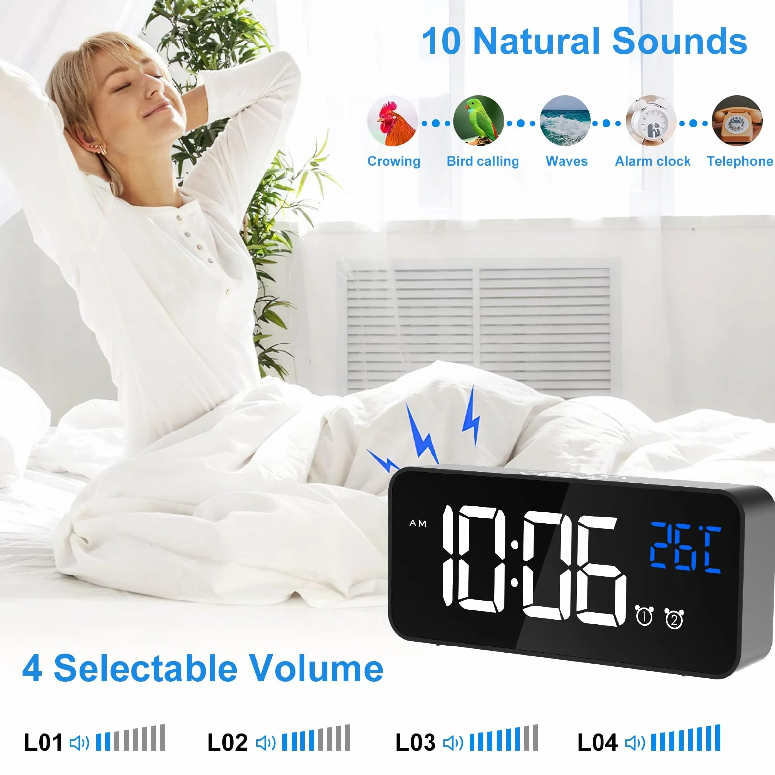 CHEREEKI Réveil Numérique LED avec Température, Snooze, 2 Alarmes, 12/24H, USB