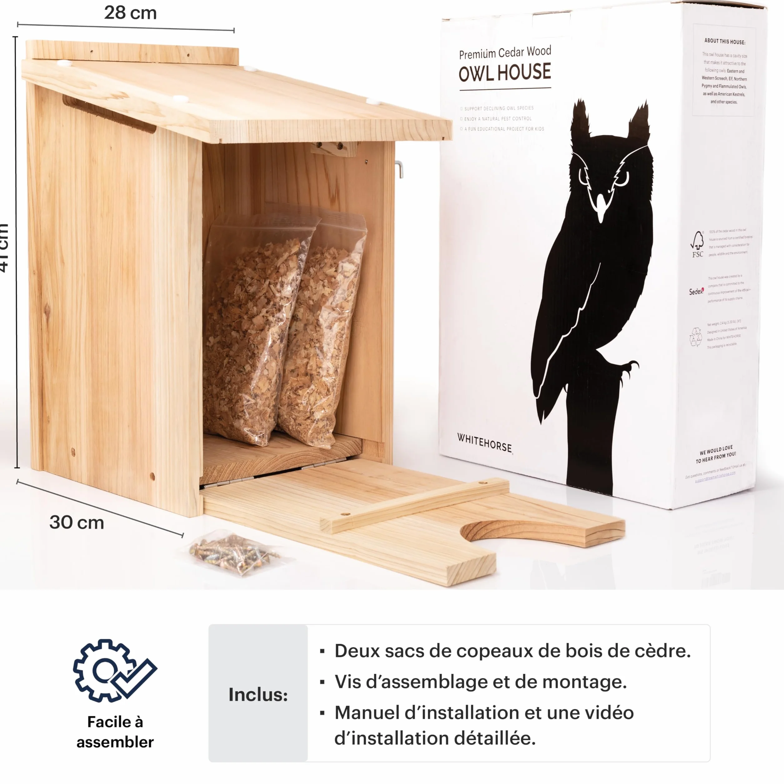 WHITEHORSE Grande Maison pour Chouettes en Bois de Cèdre 41 x 30 x 28 cm