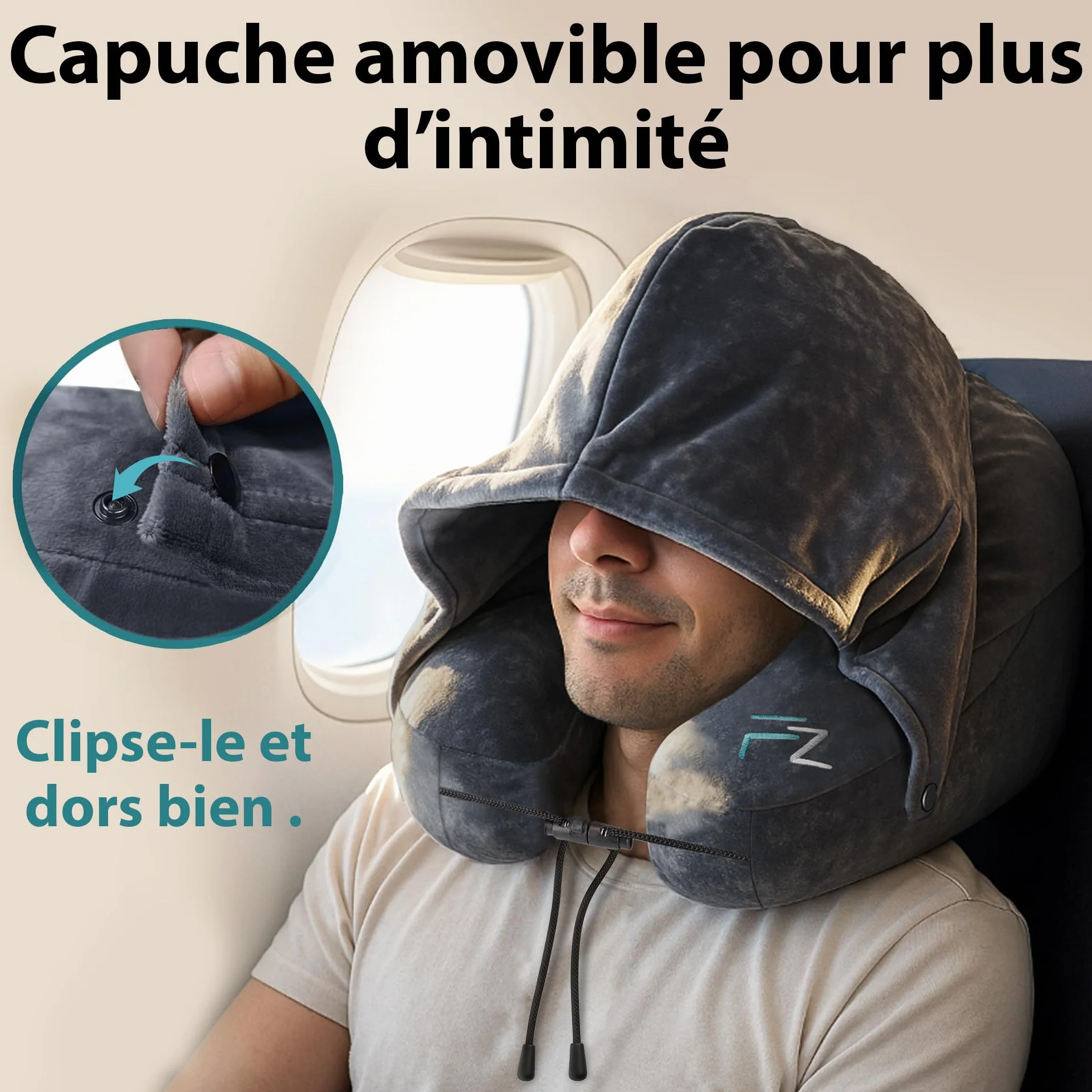 FLOWZOOM Air Oreiller de Voyage Gonflable pour Avion Voiture, Coussin Cervical Réglable 5 Positions Sommeil, Taille L Noir