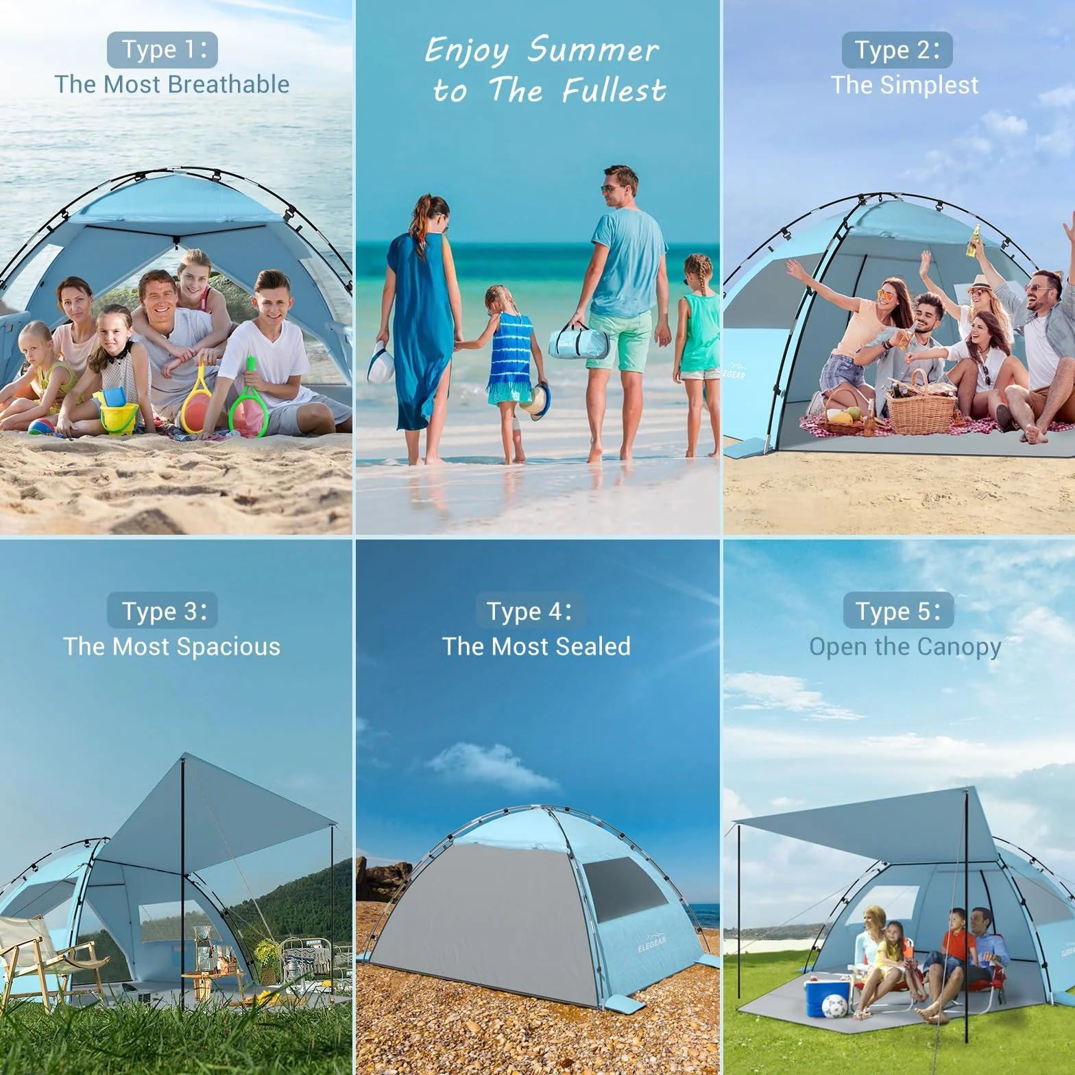 Elegear Tente de Plage Anti UV UPF 50+, Tente de Camping Famille avec Auvent pour 6-7 Personnes Ultralight Portable Abri de Plage avec Sac de Transport pour Extérieure Parc Pêche, 260*165*150CM, Bleu