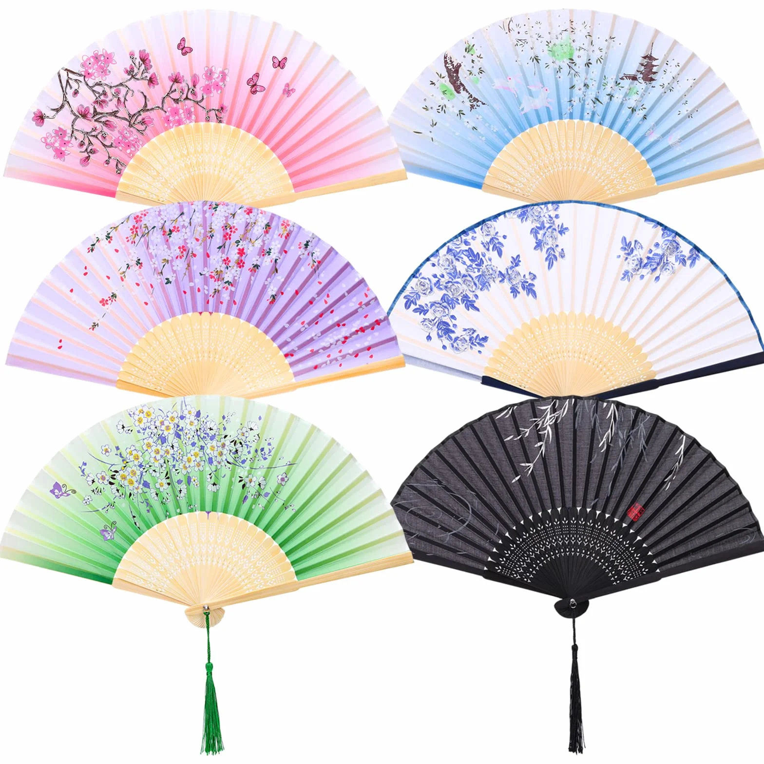 Éventails Pliants 6Pcs Eventail Japonais en Soie et Bambou avec Frange pour Décoration Mariage