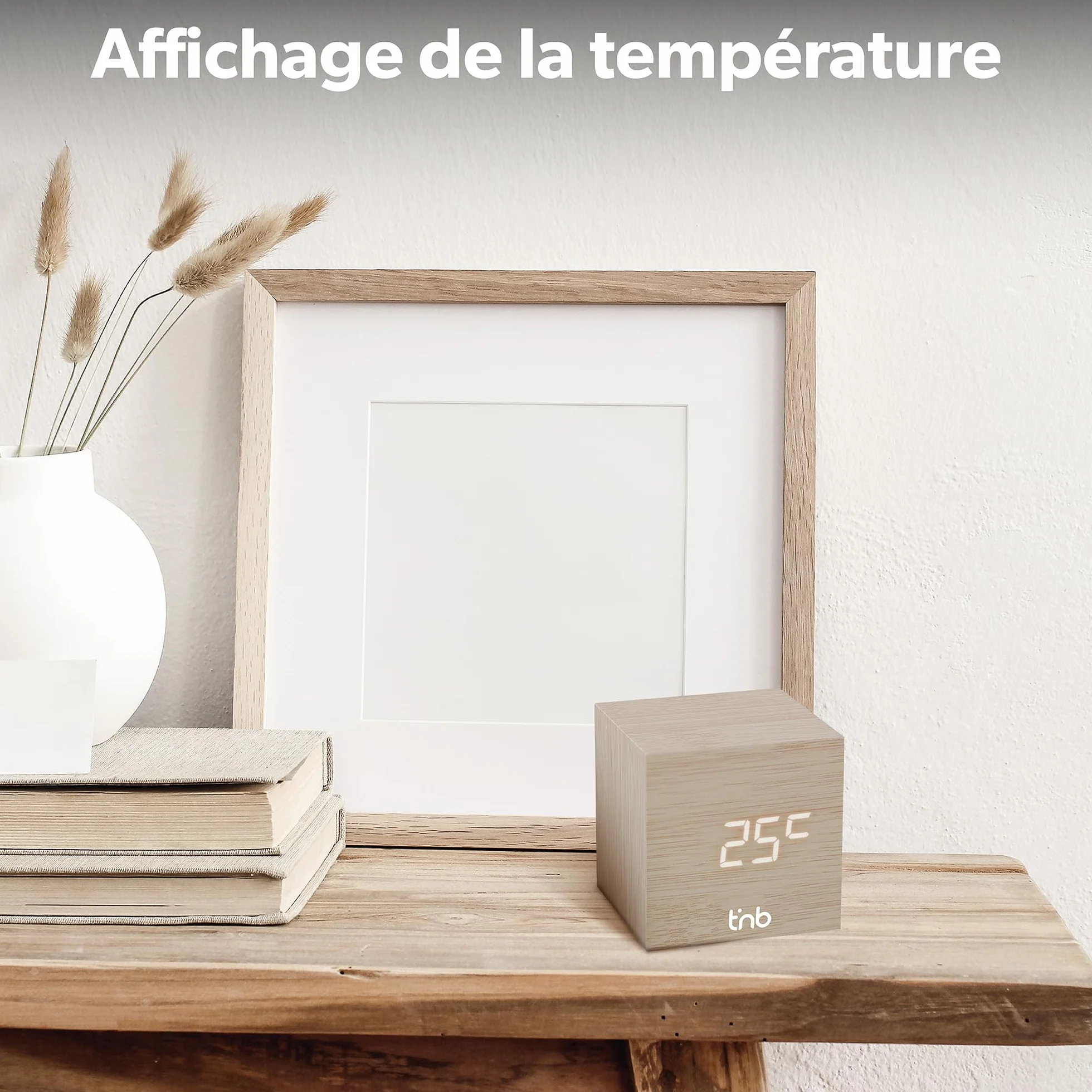 T'nB Cube Réveil Numérique 3 Alarmes Programmables Activation Tactile Vocale Affichage Heure Date Température Luminosité Réglable Bois