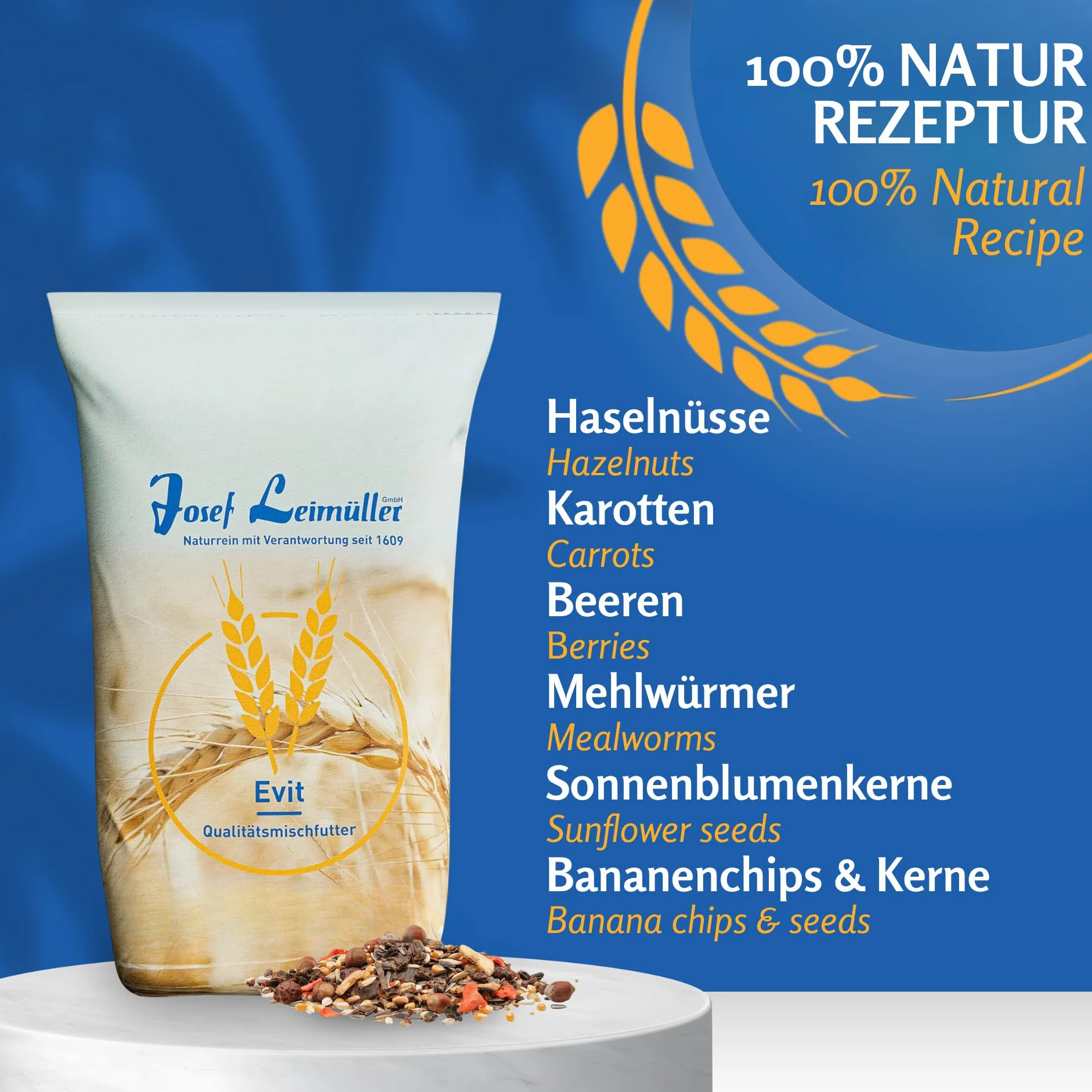 Leimüller Nourriture pour écureuils Premium 1 kg - Mélange avec Noisettes entières et vers de Farine