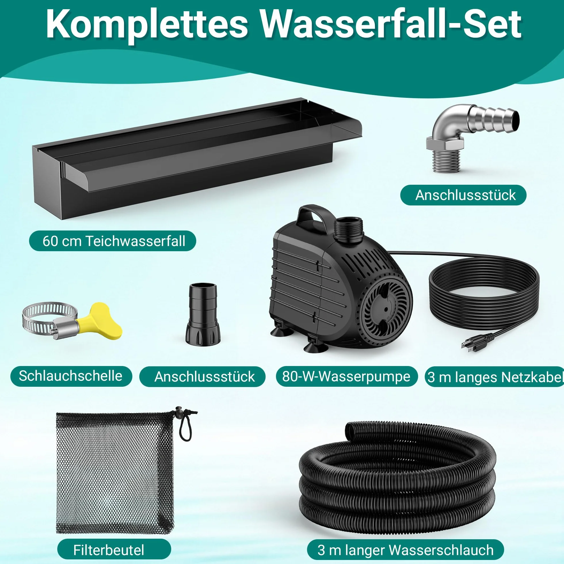 Cascade LED 60cm Acier Inoxydable Pompe Bassin 80W 4500 l/h Jardin
