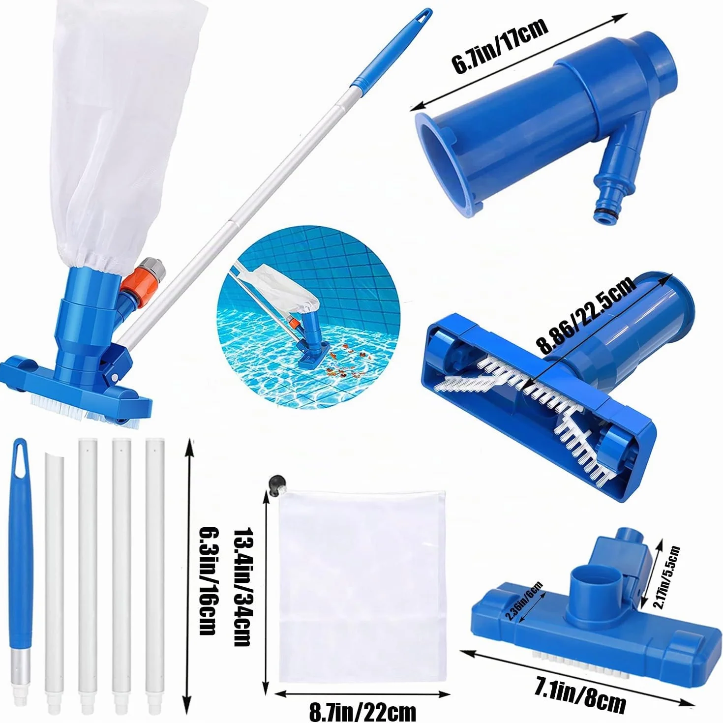 Aspirateur de Piscine, Mini Aspirateur Portable avec 5 Sections de Poteau et Sacs à Filet, Kit Nettoyage Piscine