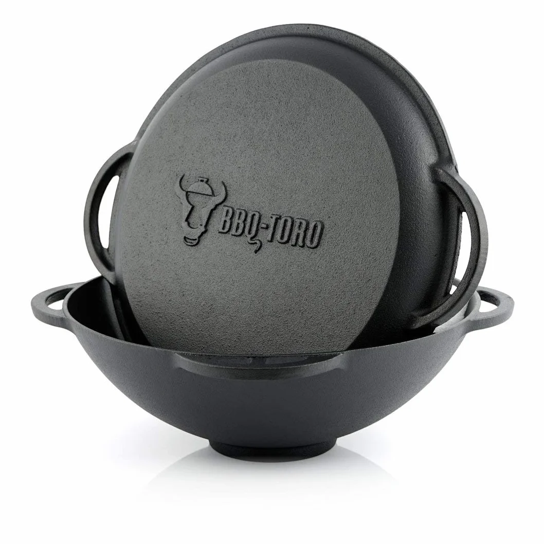BBQ-Toro Kazan | Cocotte en fonte avec couvercle | Casserole traditionnelle en fonte | Avec fond aplati | Wok noir (12,1 litres)