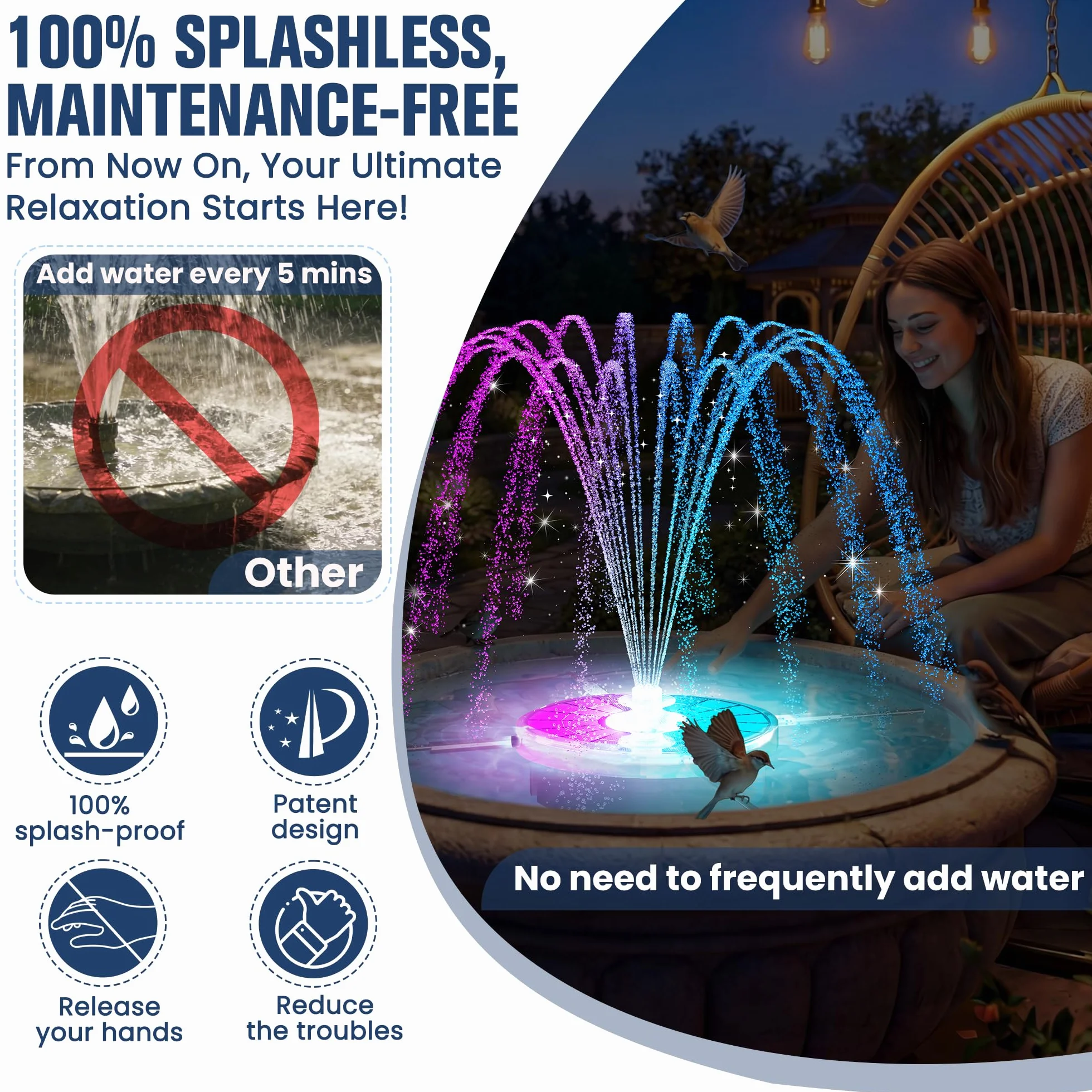 Fontaine Solaire Extérieure Flottante 4000mAh avec Lumière et 3 Buses pour Bassin Piscine
