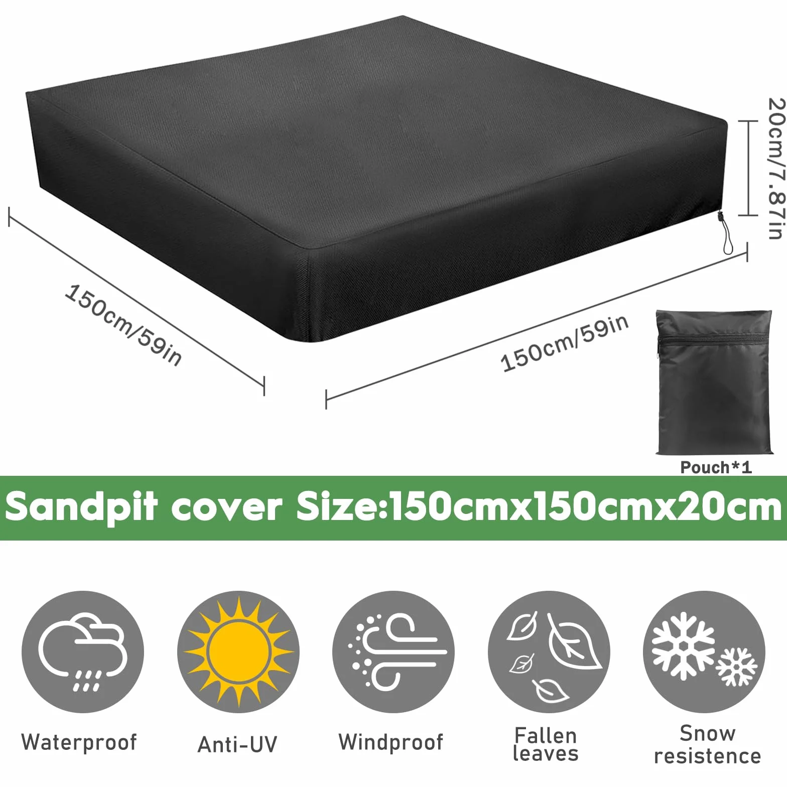 Housse de Bac à Sable Imperméable 150x150x20 cm Couverture Protection avec Cordon de Serrage Jardin