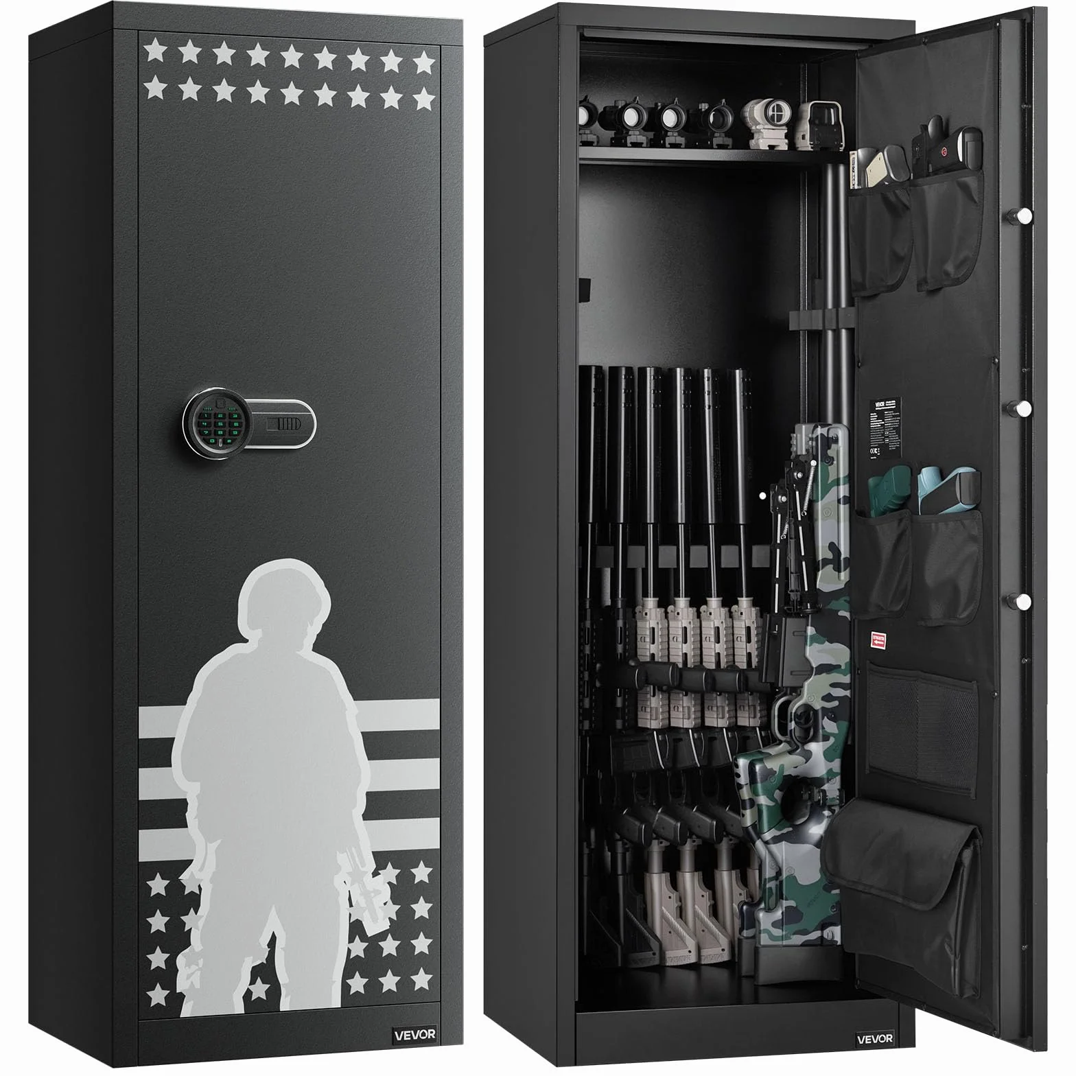 VEVOR Armoire à 10-12 Fusils, Coffre-Fort pour Armes à Feu 2 Façons de Verrouillage par Clavier Numérique et Clés, avec 4 Poches pour Pistolets et 3 Supports Réglables, Accès Rapide, pour Domicile