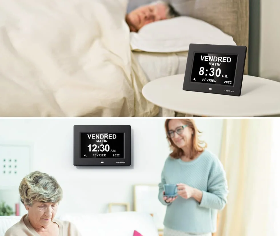 LEMNOI 7 Pouce LCD Horloge Numérique Calendrier Noire Auto Dimming HD Display Rappel Alzheimer