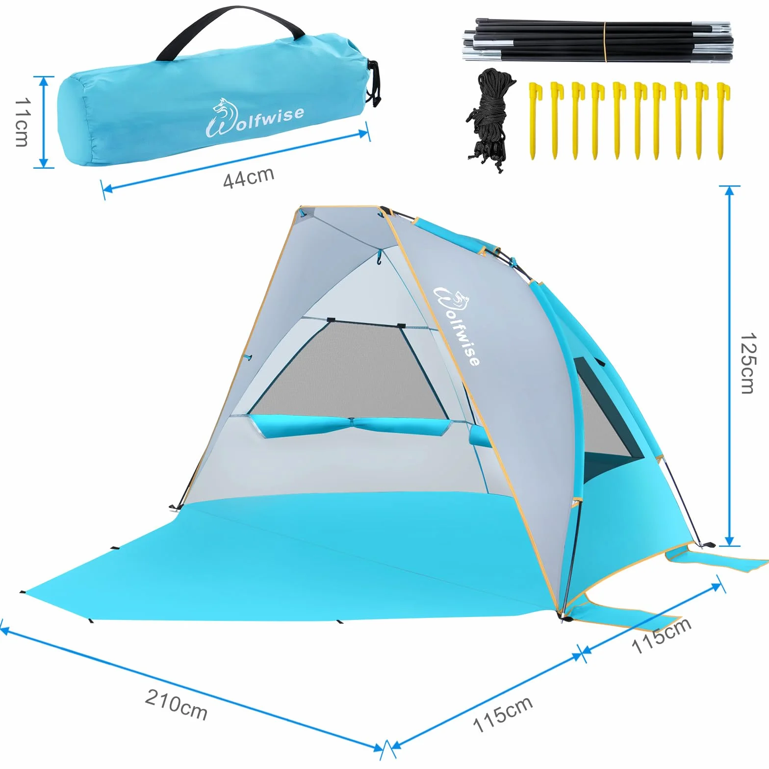 Wolfwise Tente de Plage Portable 3 Personnes avec Patin d'extension, Protection Solaire UV 50+ , 210 x115x125 CM ( 83 x45x49 IN), Bleu