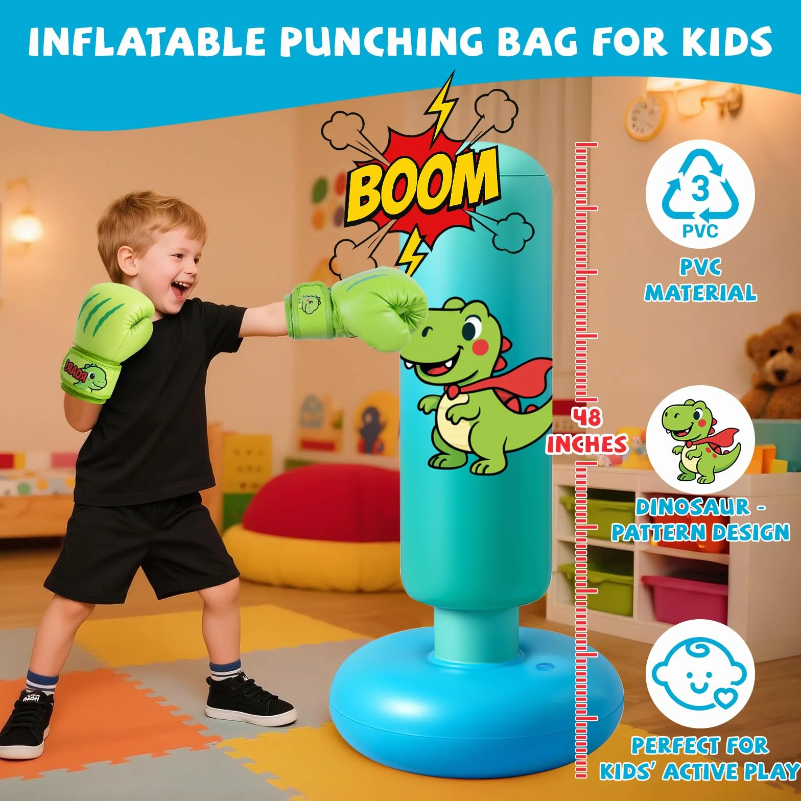 Sac de Boxe pour Enfants, avec Gants de Boxe, 120cm Gonflable Sac de Frappe Enfant Pratique du Karaté, Taekwondo, Cadeaux pour GarçOns et Filles